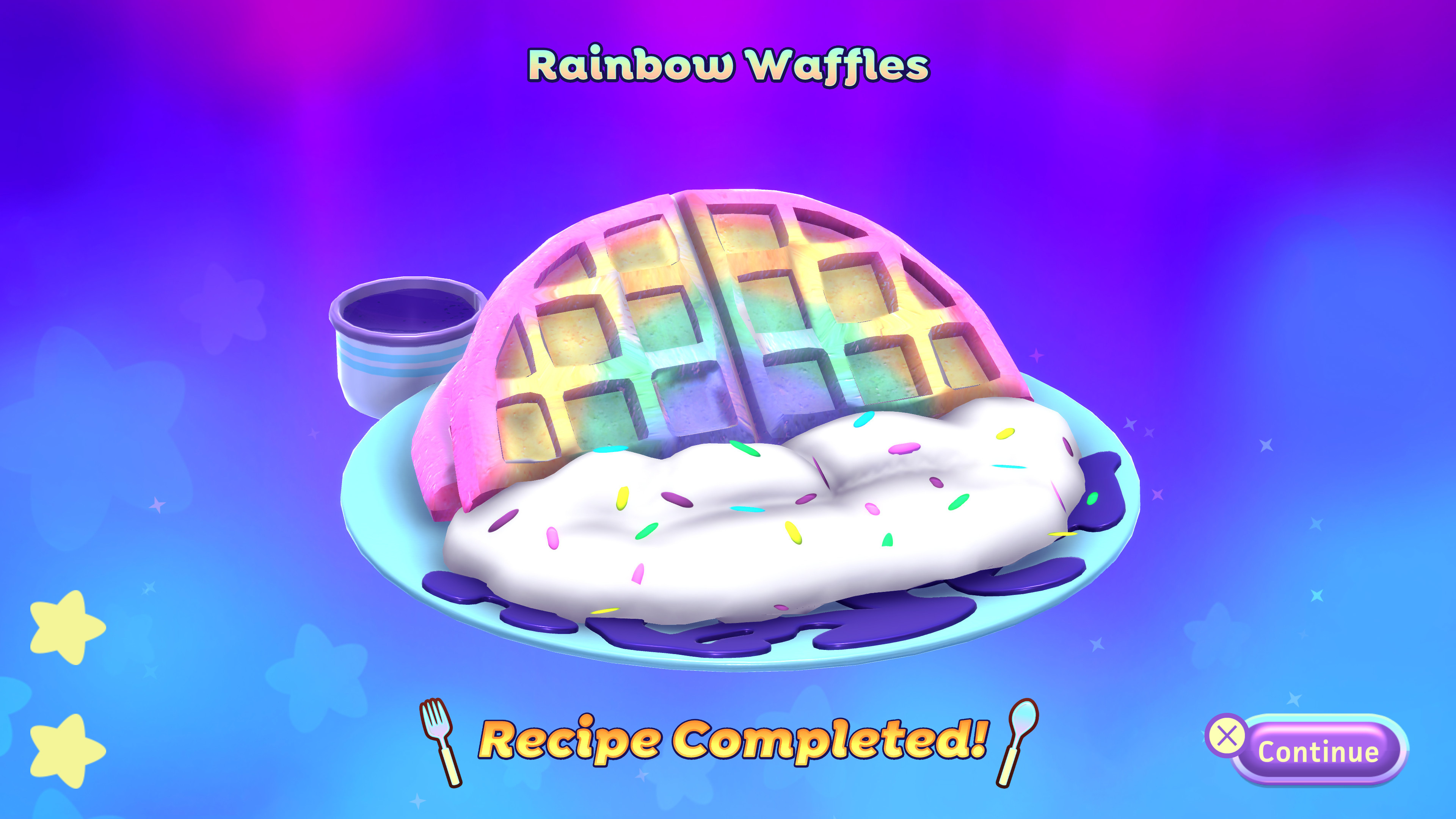I made the final plating assets for a few recipes, based on internal concept art. This is the result for Rainbow Waffles.