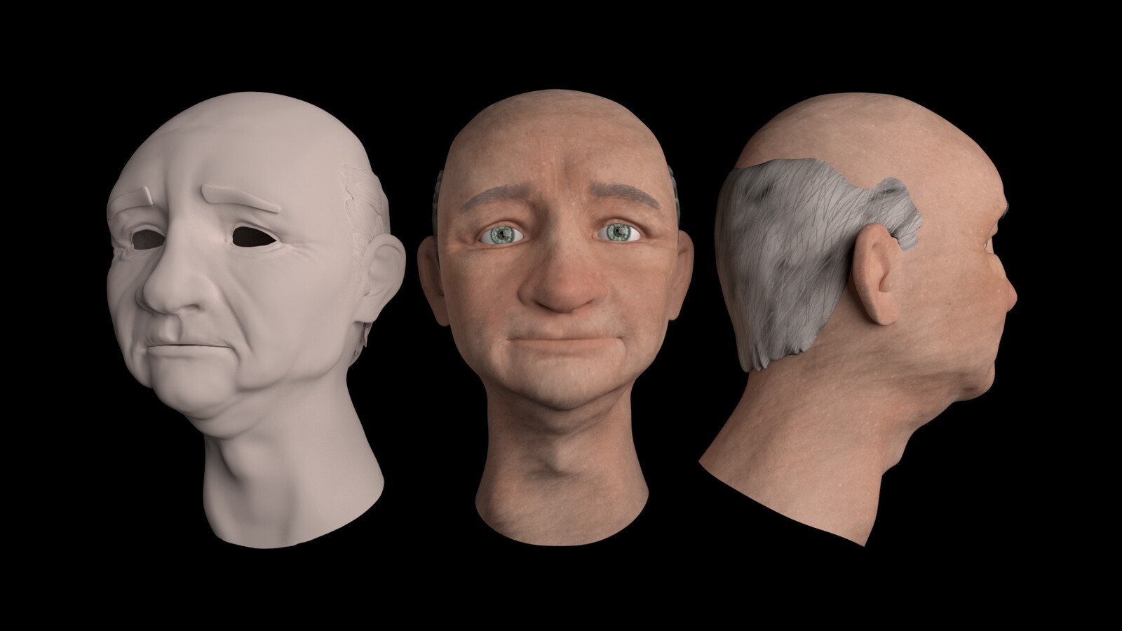 Head turnaround. Hight poly sculpt on the left.