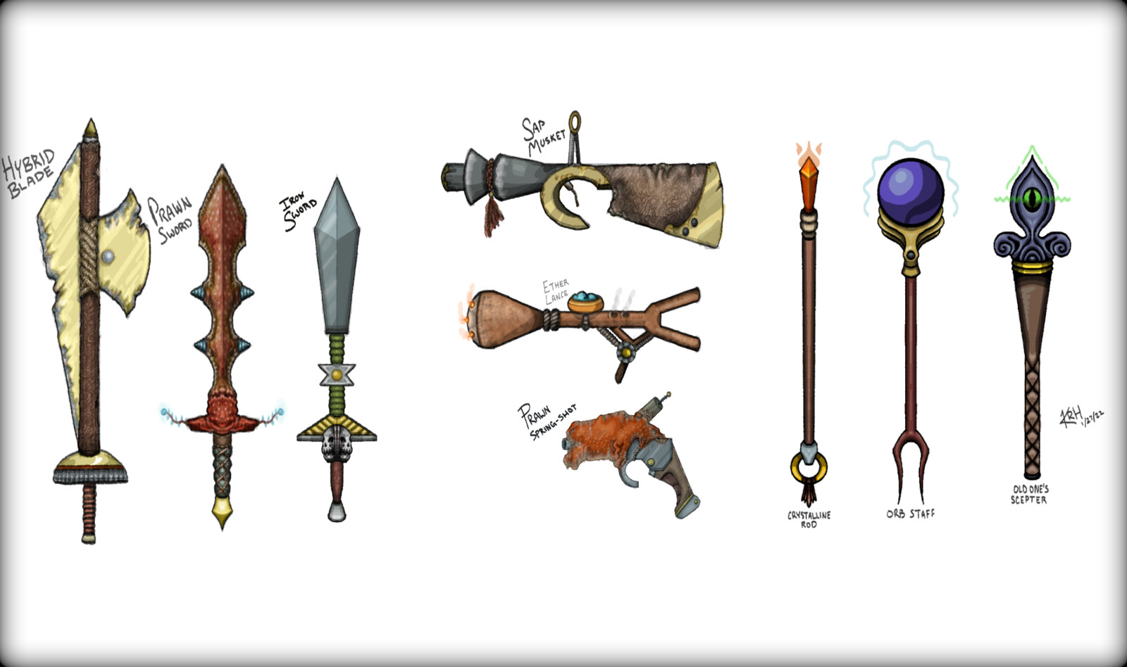 Weapon concepts developed over the course of the project: melee, ranged, and magical.