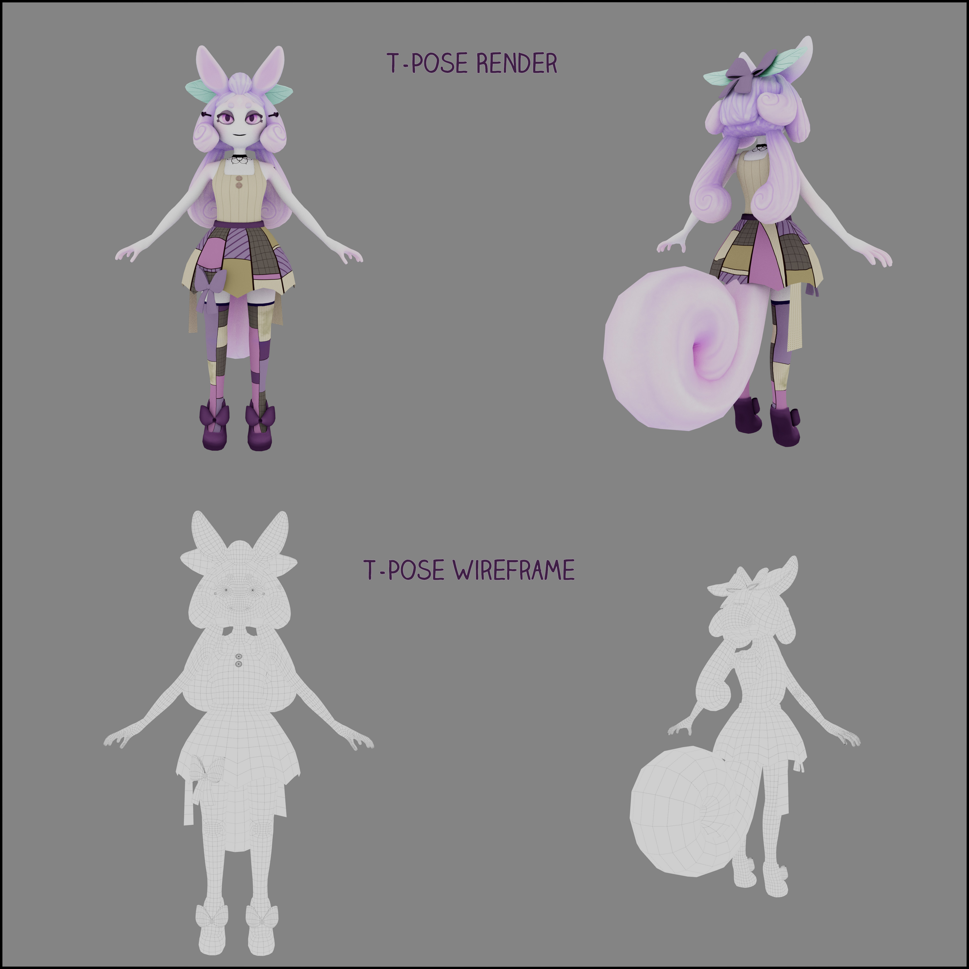 T-Pose Base Colors and Wireframes