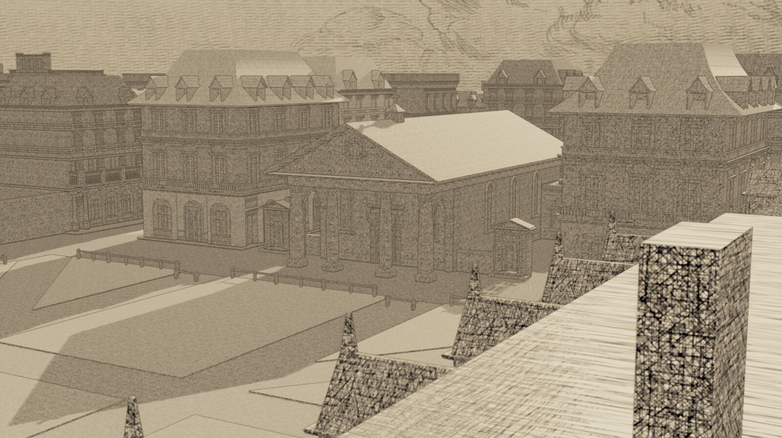 A cross hatched material to replicate old sketches of Covent Garden
