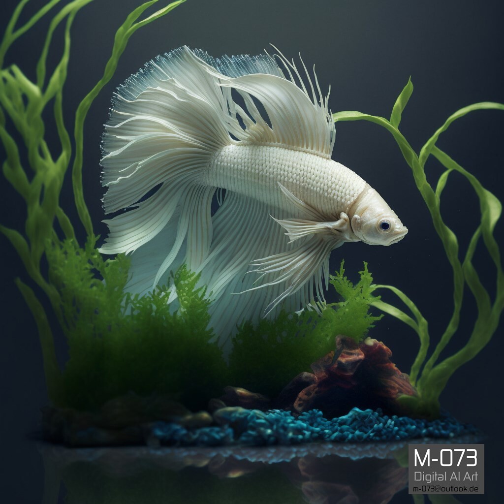 prompthunt: a graceful iridescent white betta fish with long swirling fins,  black-water-background, aquarium-photo