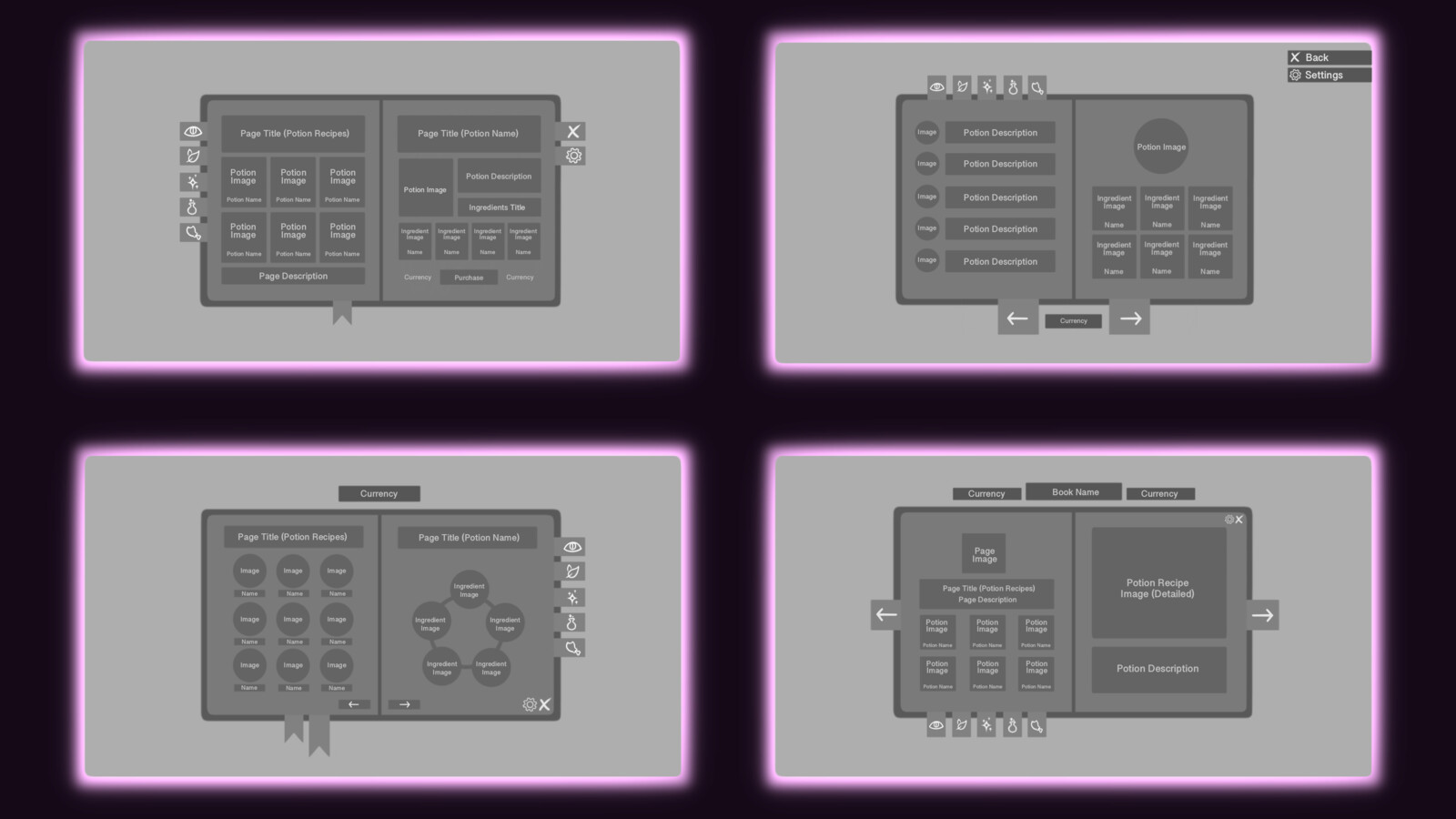 Wireframes - showcasing four possible layouts.