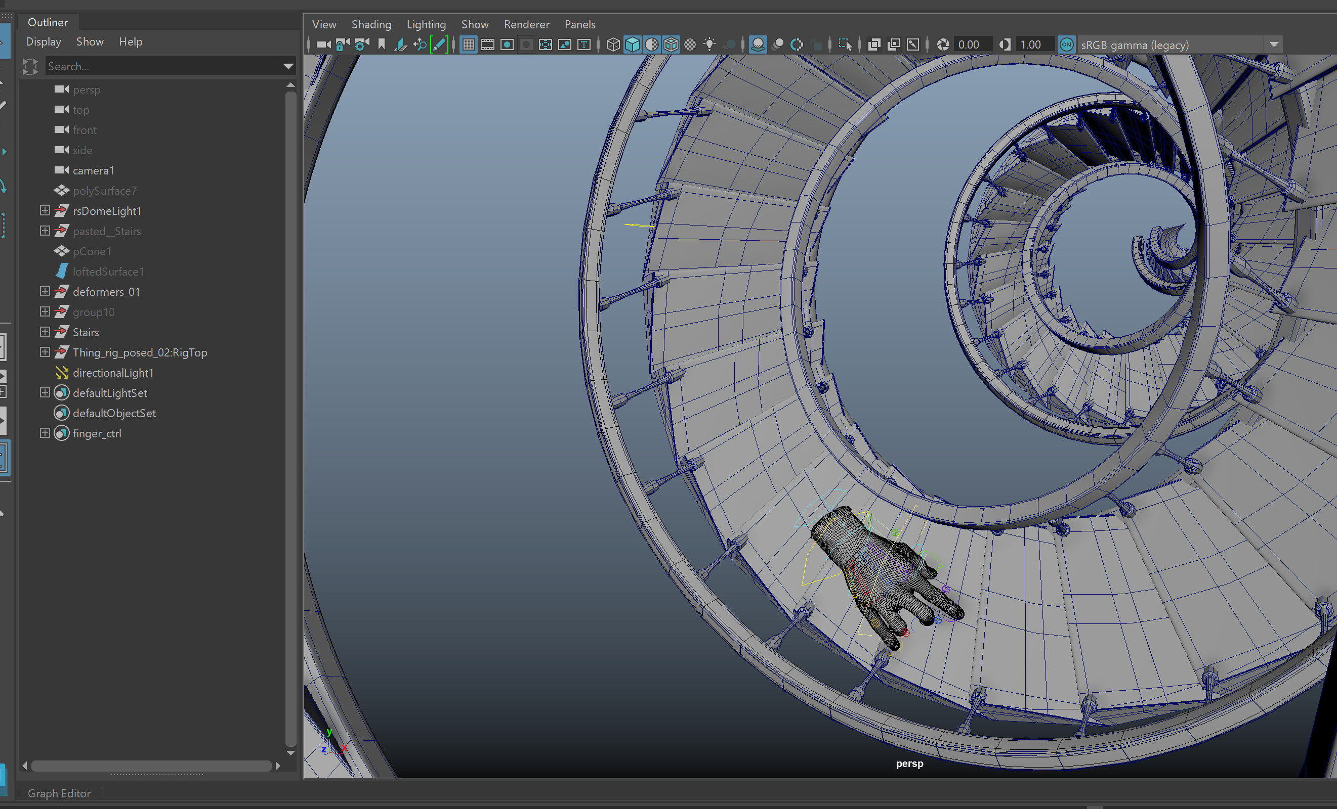 screen grab of the stair model with Thing rig in Maya