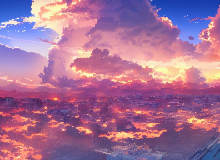 ArtStation - Key anime visual portrait of an italian city in the background  at sunset, cumulonimbus clouds