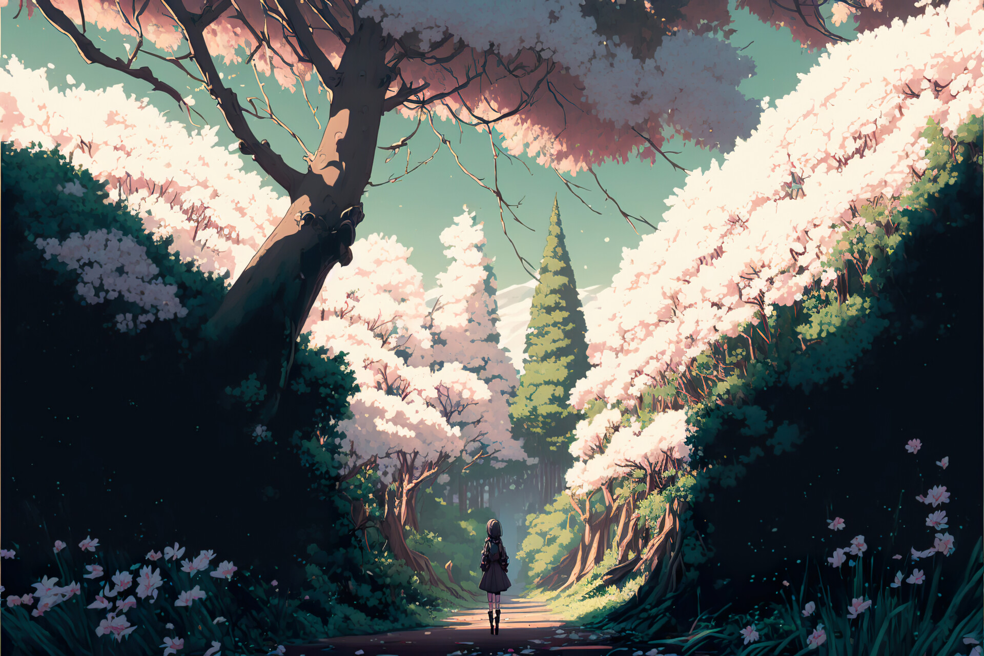 ArtStation - Anime girl surrounded by trees and flowers