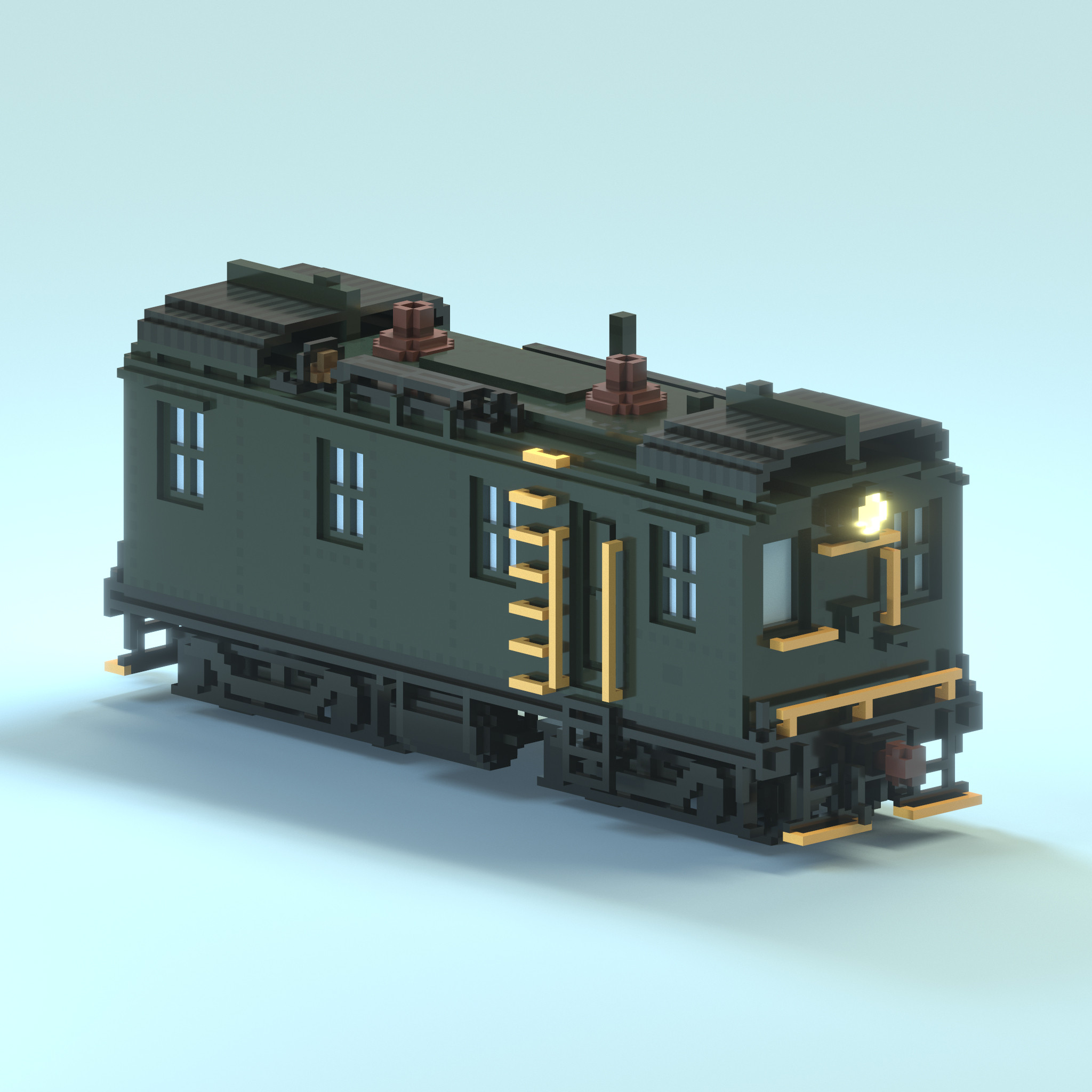 Bird's eye view of Central Railroad of New Jersey No. 1000 locomotive, modeled and rendered in Magicavoxel.