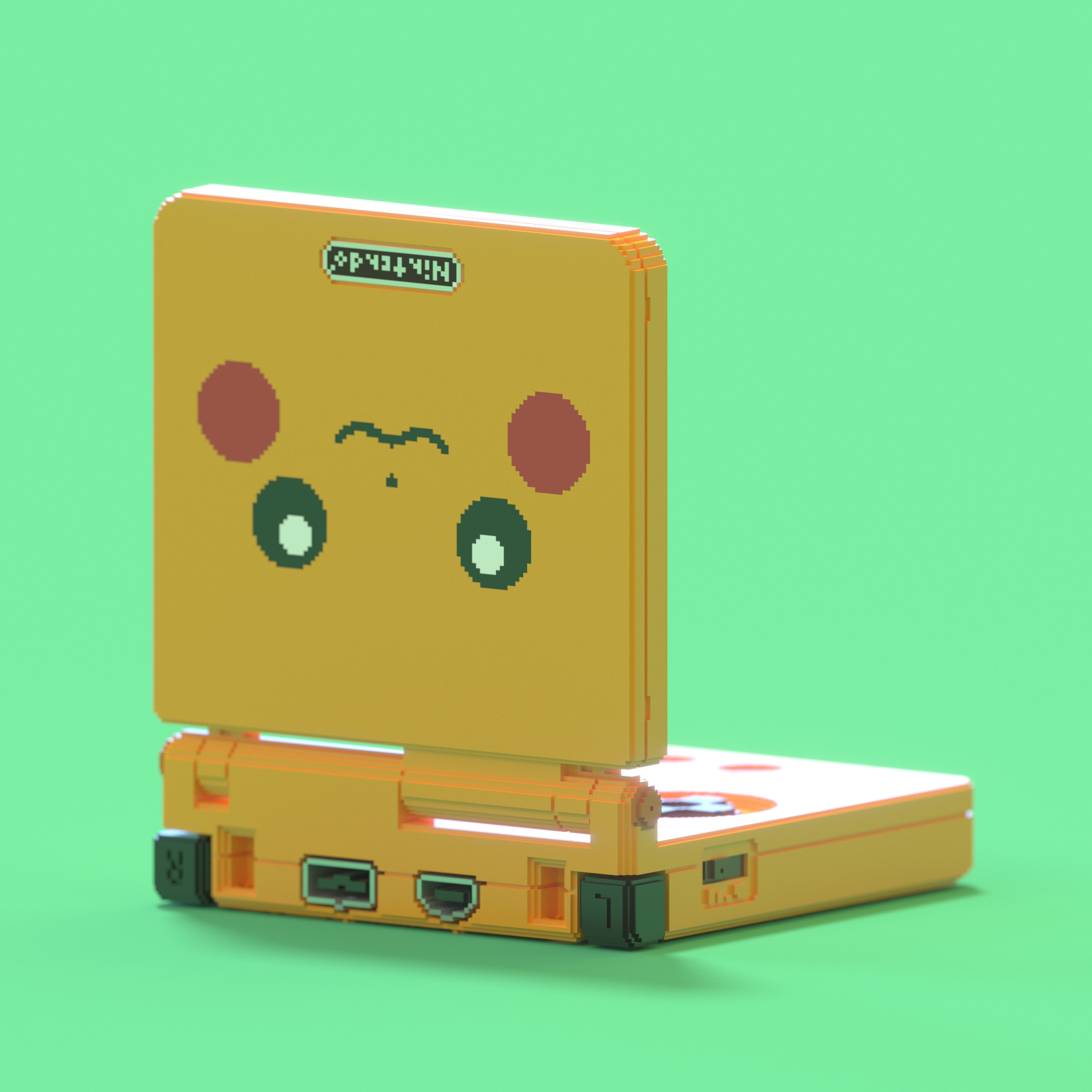 Rear view of a voxel Nintendo Game Boy Advance SP AGS-101, revealing a "Limited Edition Pikachu" face.
