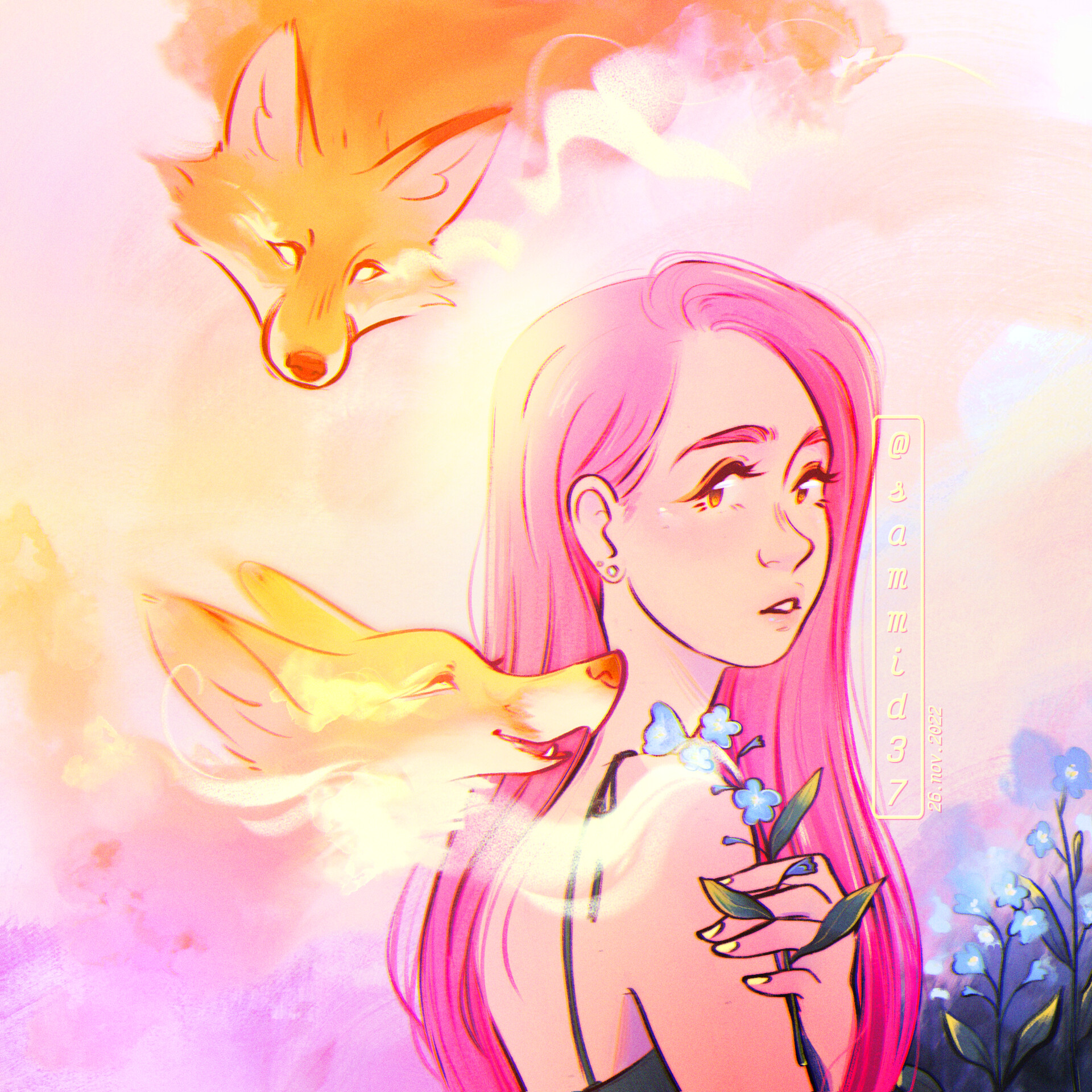 Originally my second drawing for Huevember was going to be a happy girl with a fox, all colored in shades of pink. But it ended up becoming something a little more symbolic and without much planning, just feelings that hovered around me during the two days I spent working on this illustration. I've been thinking about faraway, thoughtful looks, foxes and forget-me-not flowers. For me, this work made me feel better, I hope to be able to create others following these themes of people, looks, animals and the language of flowers.