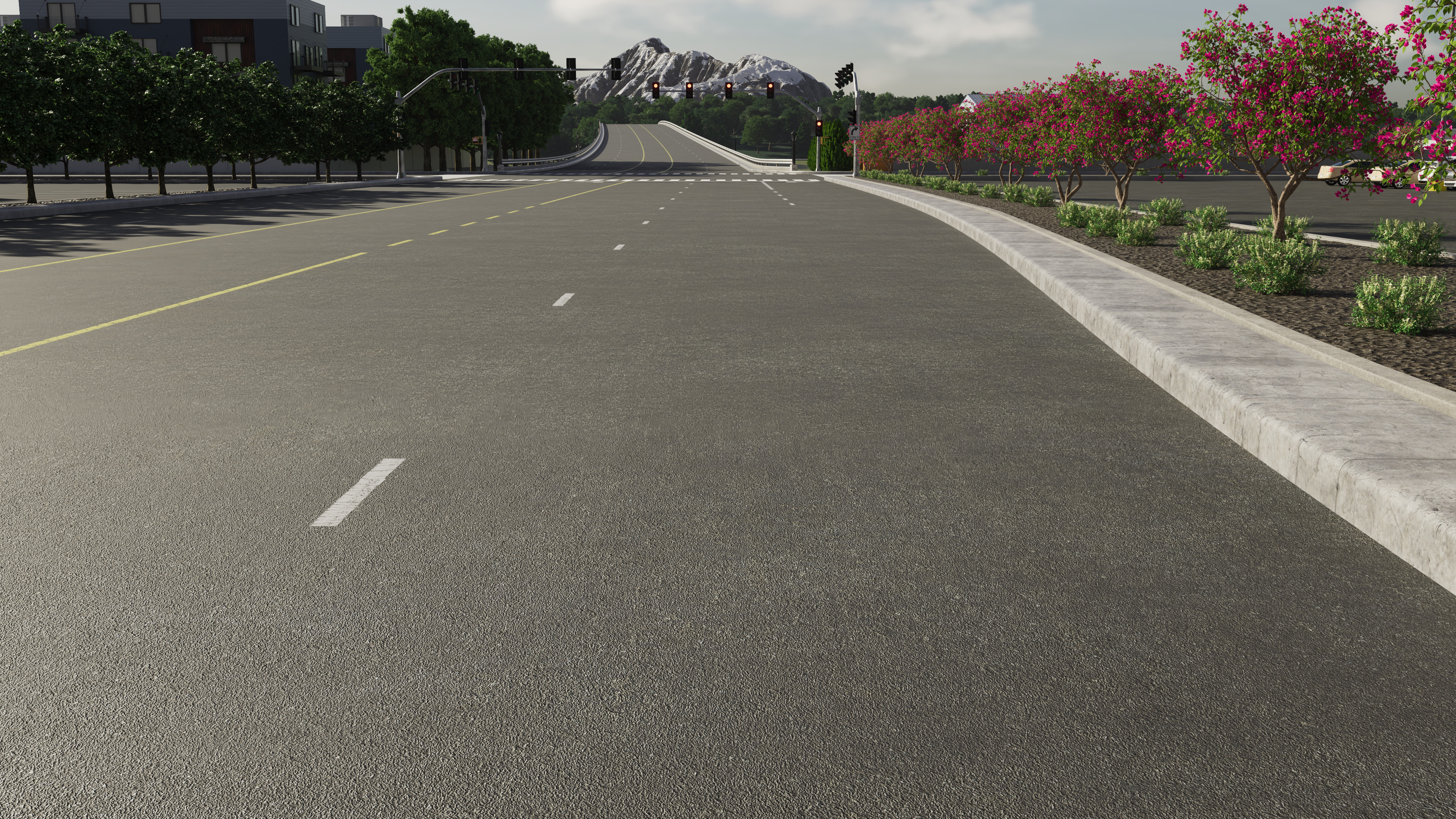 The crossing street includes more complicated left and right turn lanes, as well as an overpass. This can be used to illustrate scenarios like merging into turn lanes, performing turns, coming to a stop on a hill, and so on