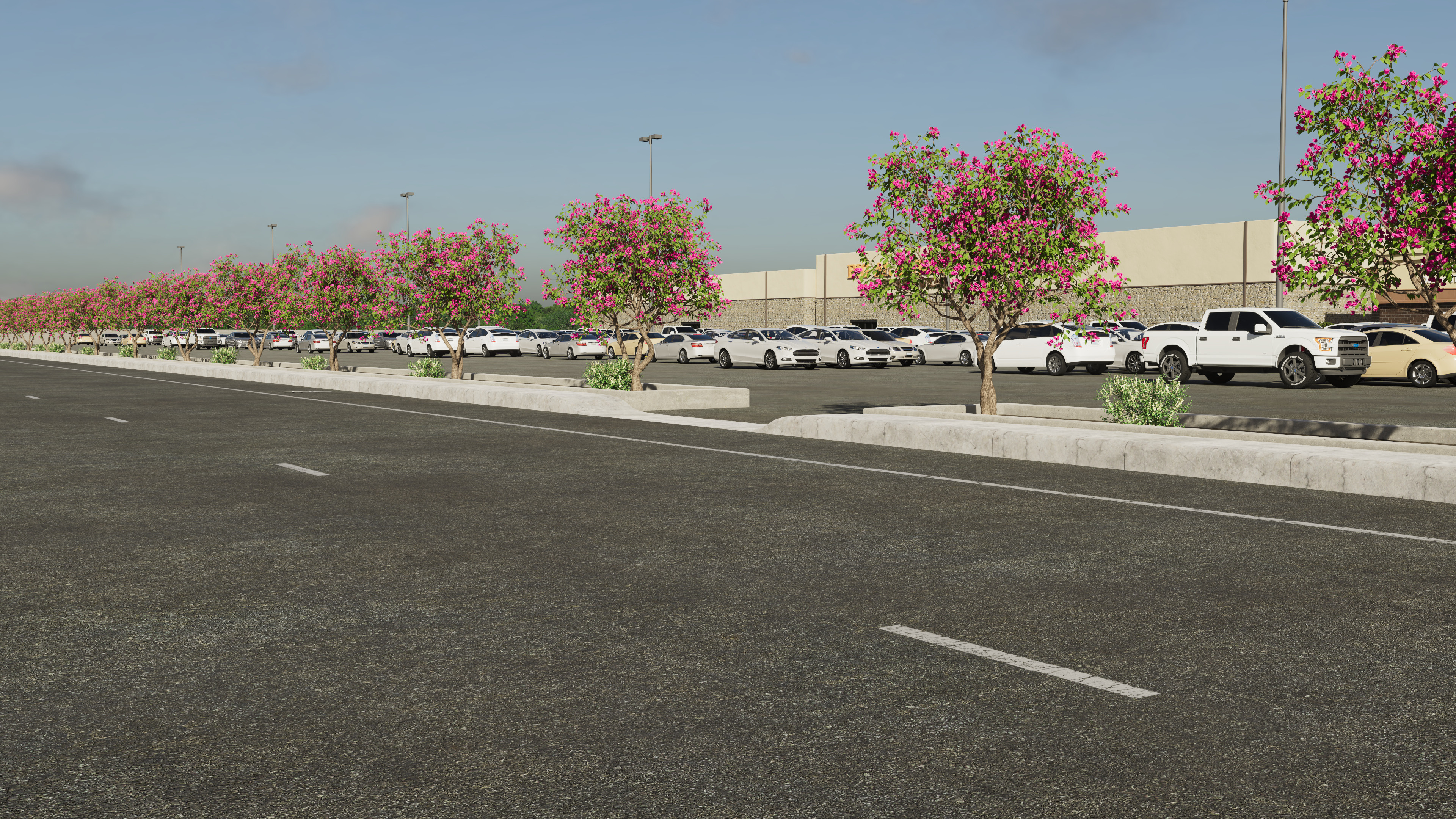 The set dressing includes a retail parking lot with actual entrances, allowing vehicles to enter and leave the lot as needed for the lesson