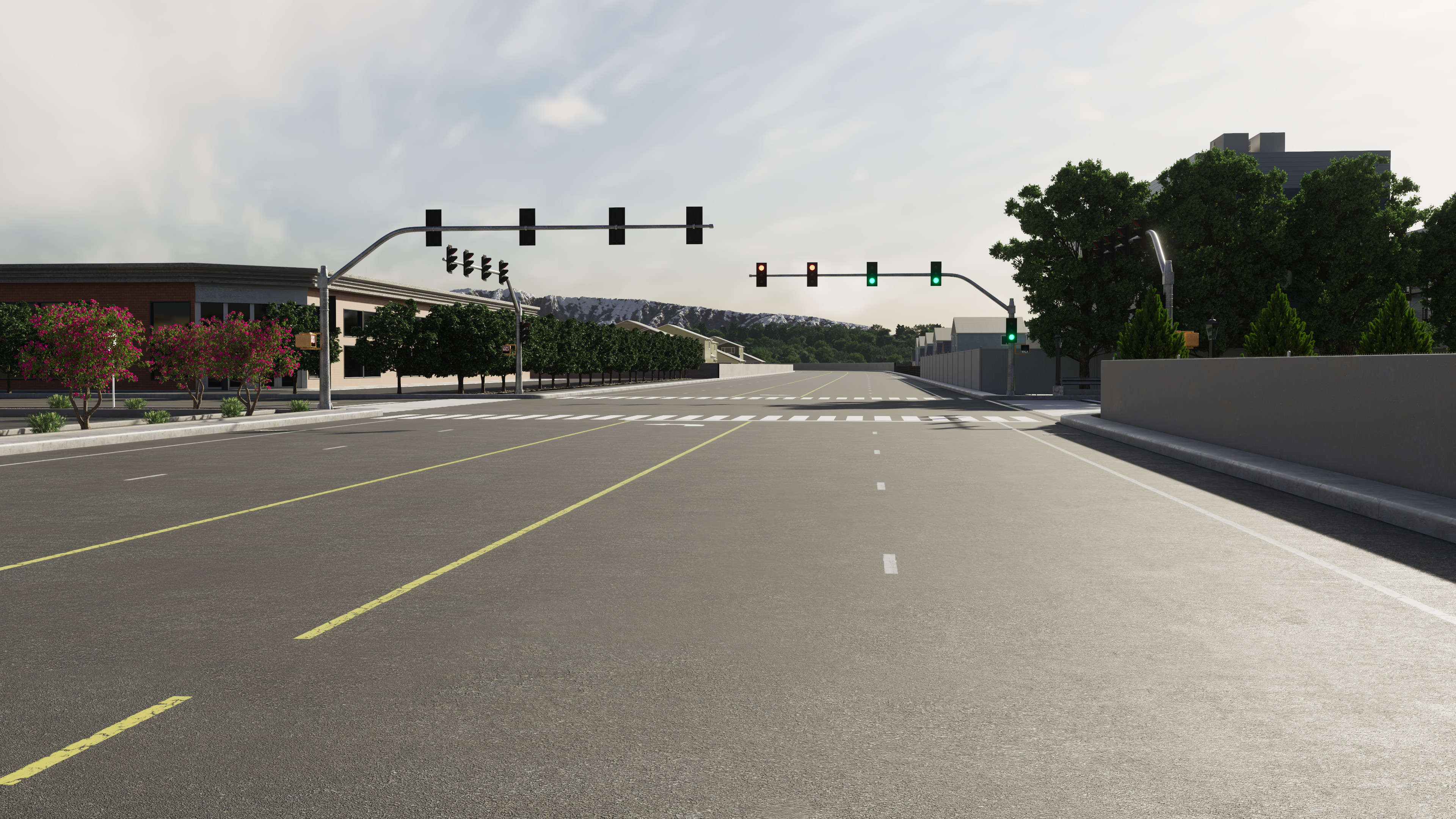 The main road is straight and aligned on the Z axis, minimizing the effort for simple straight-line driving animations