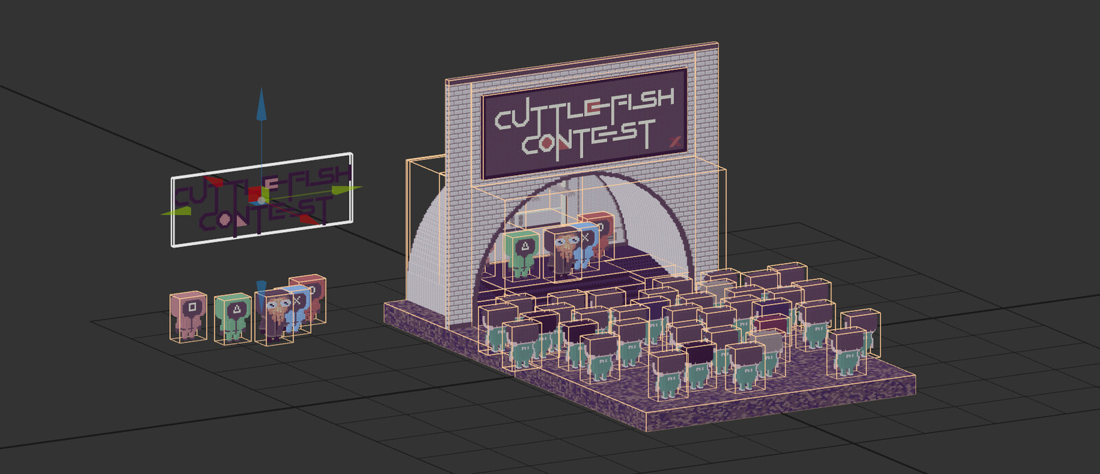 Magicavoxel workspace screen capture of the various components that make up the overall Cuttlefish Contest diorama.