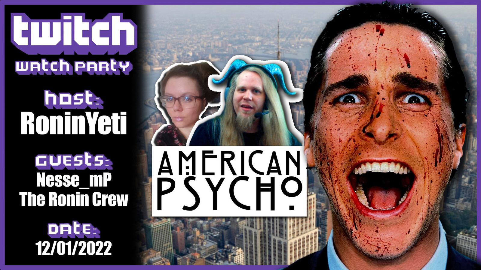 "American Psycho" Twitch Watch Party Advert