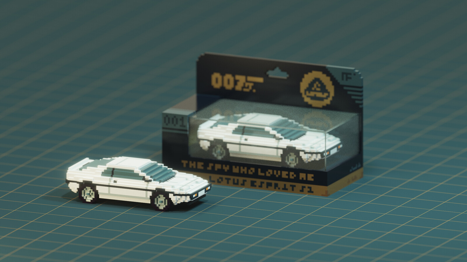 "Diecast" Lotus Esprit Car both inside and outside of packaging placed atop a modeling cutting mat.