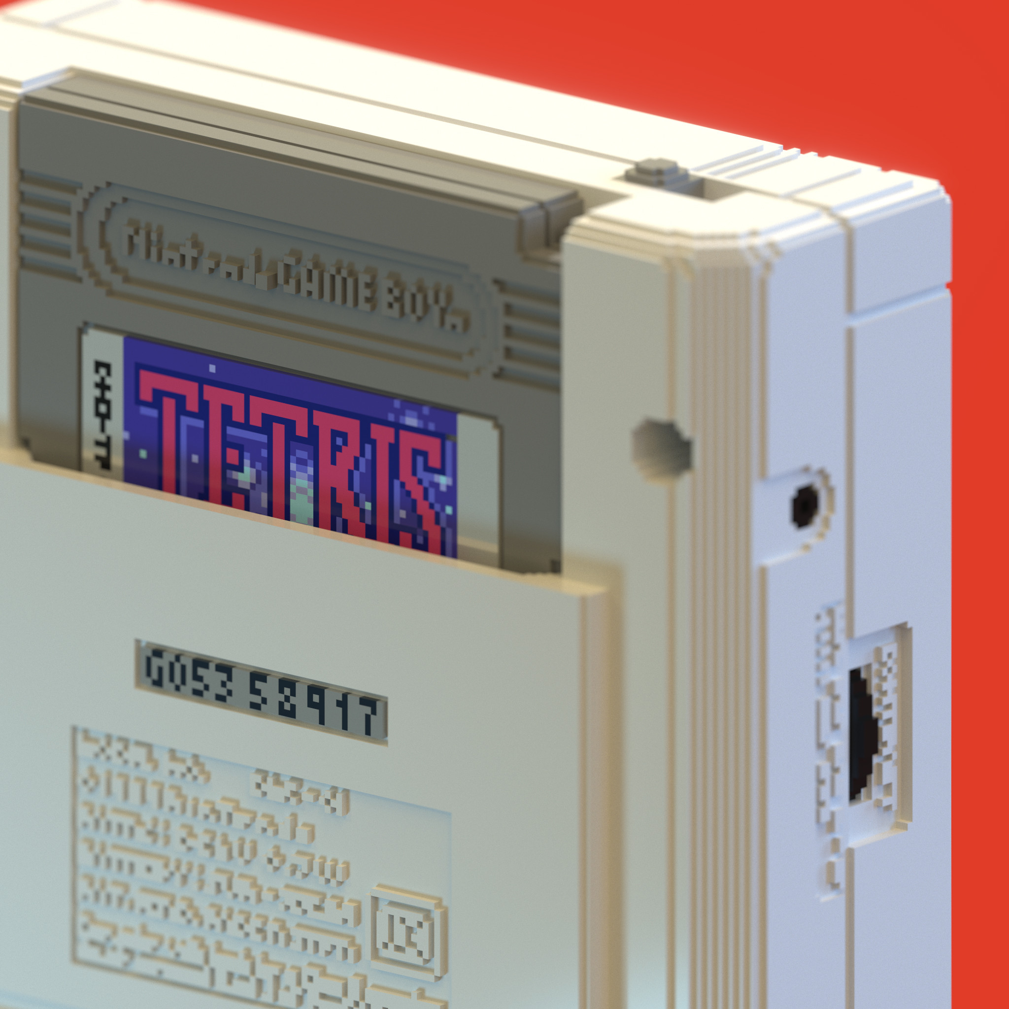 Rear-facing close up focusing on the inserted TETRIS game cartridge as well as the various surface details "molded" into the portables grey outer shell.