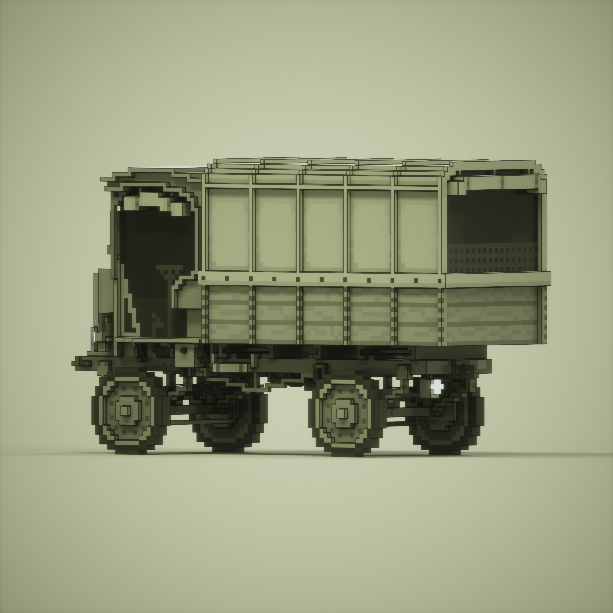Flipped render of the voxel Jeffery \ Nash Quad truck detailing some of the rear carriage and frame work.