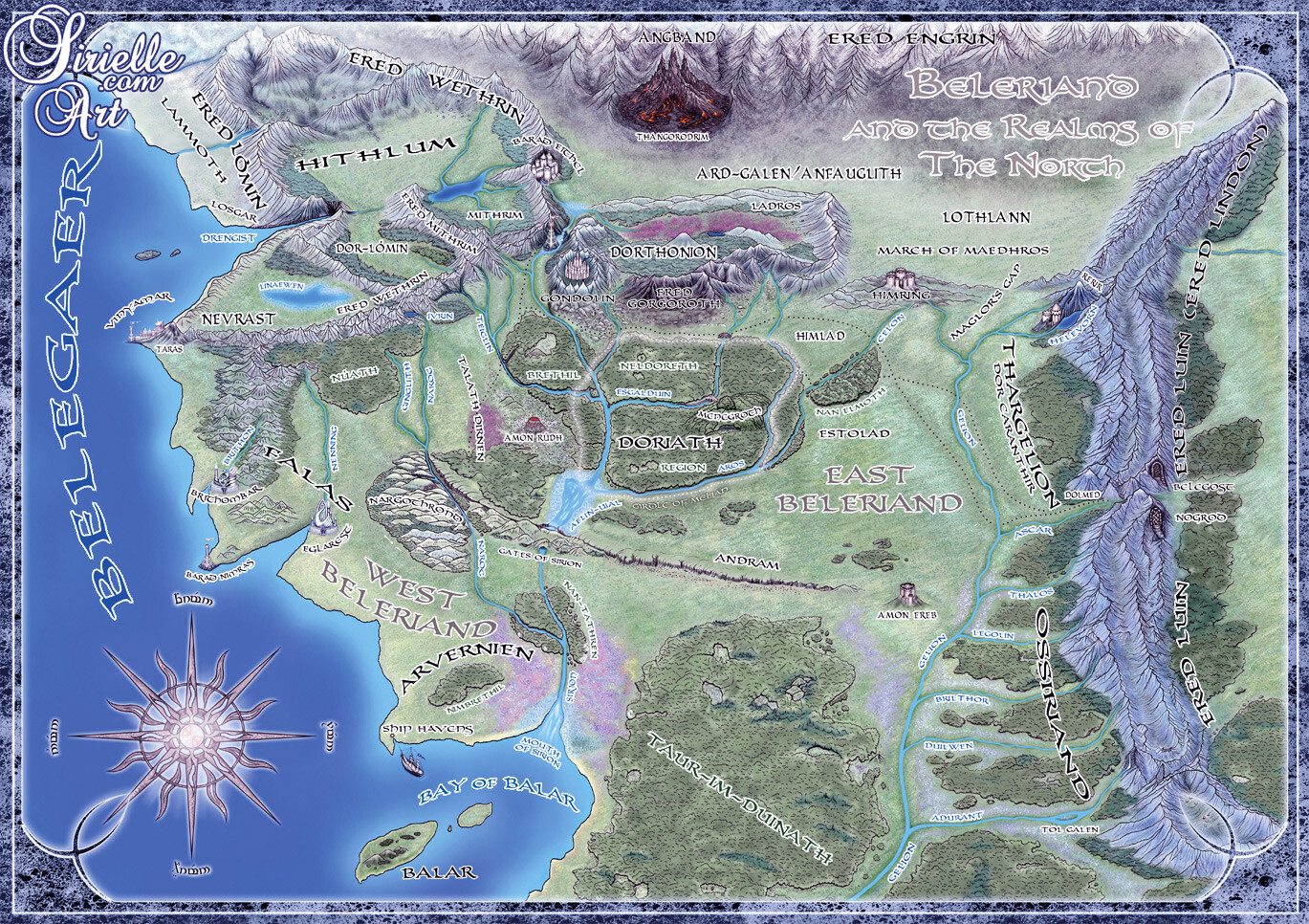 Beleriand and Realms of The North | Map rendering by myself, with Thangorodrim &amp; compass rose by Kuba Tymiński 'Ominous'.