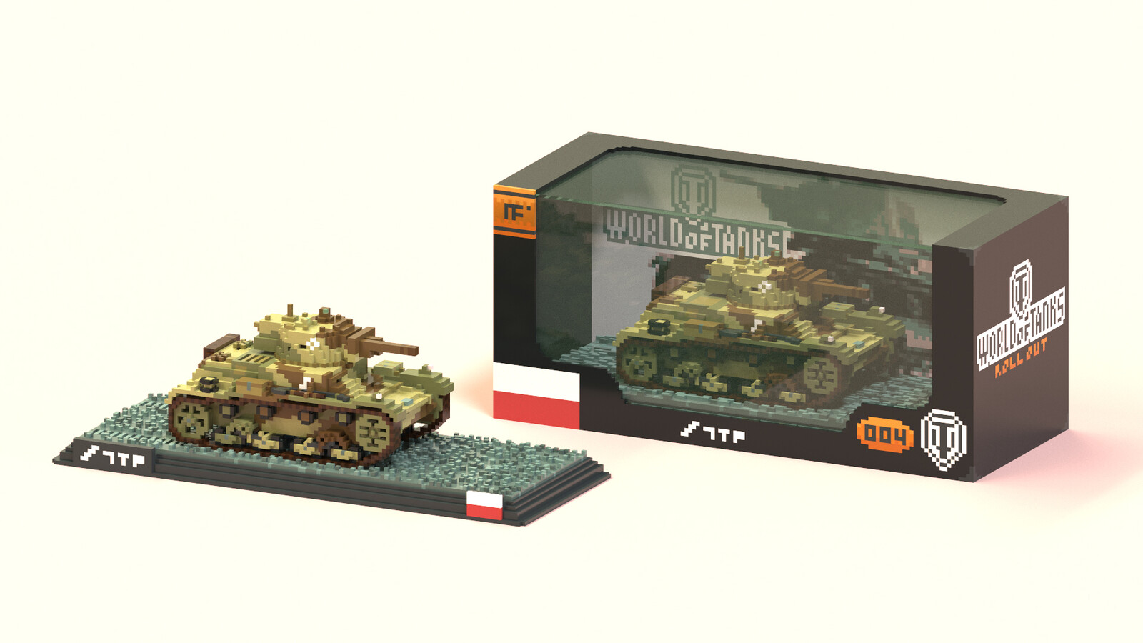Boxed and unboxed "die-cast" voxel Polish 7TP light tanks.