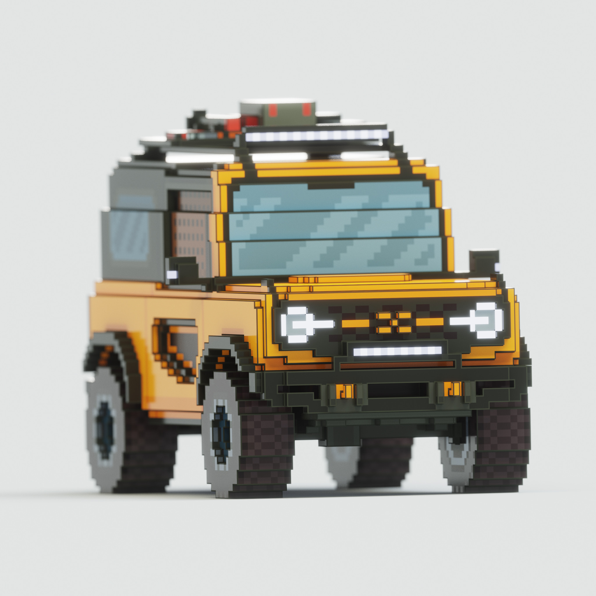 Close up of the voxel 2021 Ford Bronco Sasquatch Package focusing on the front grill and bumper elements.