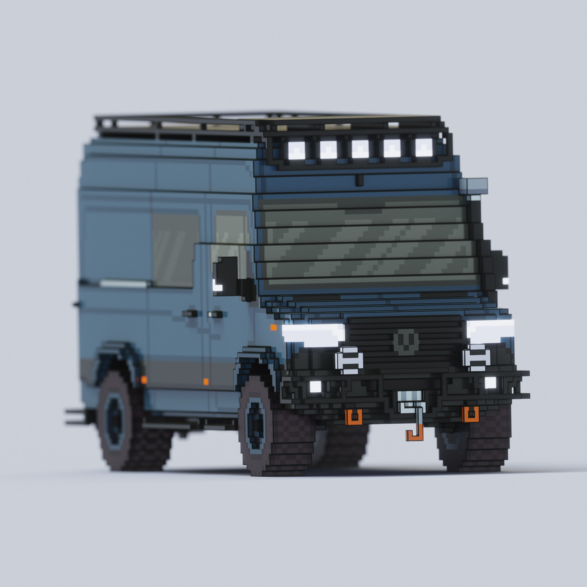 Close up of the voxel Sprinter Van focusing on the front grill and bumper elements.