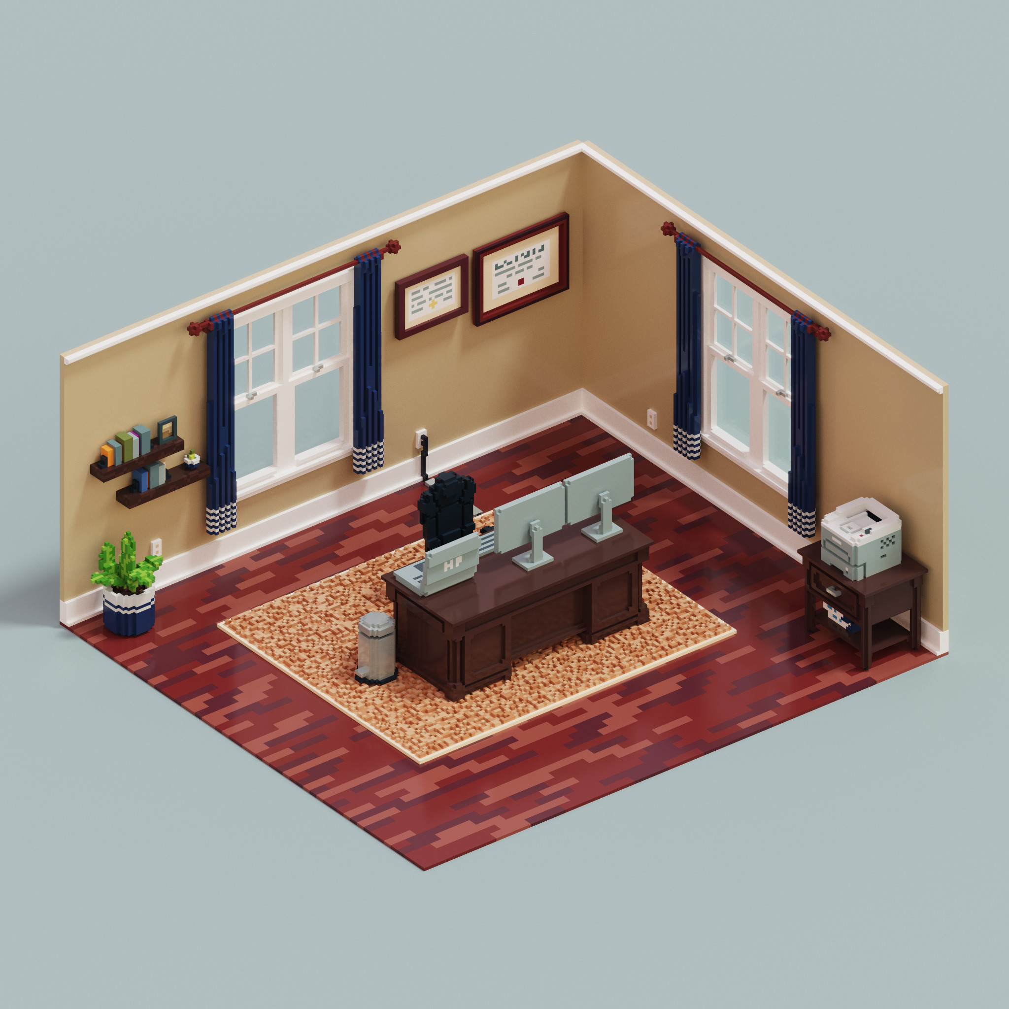 Voxel home office created using Magicavoxel software.