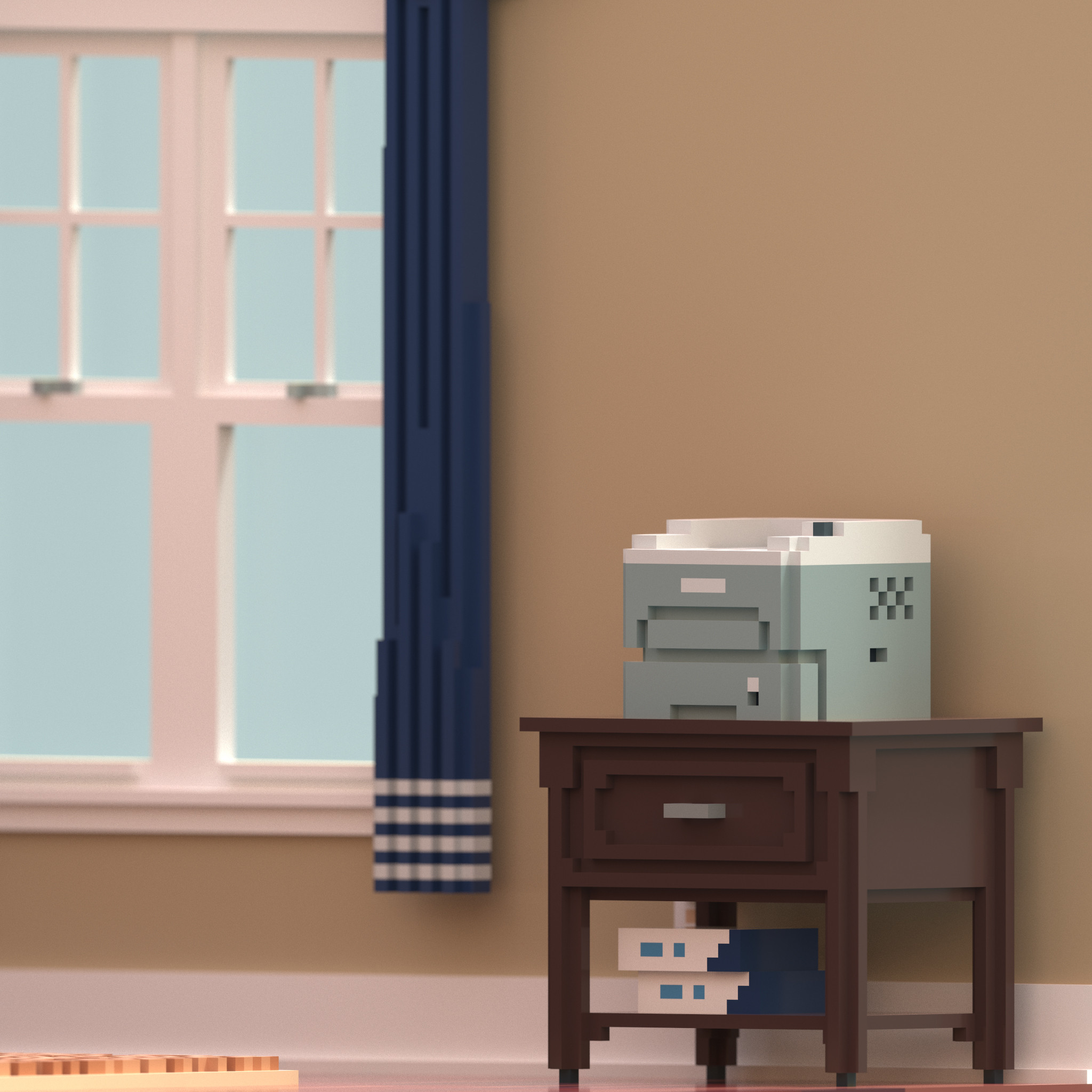 Render detailing the office printer and stand near a window.