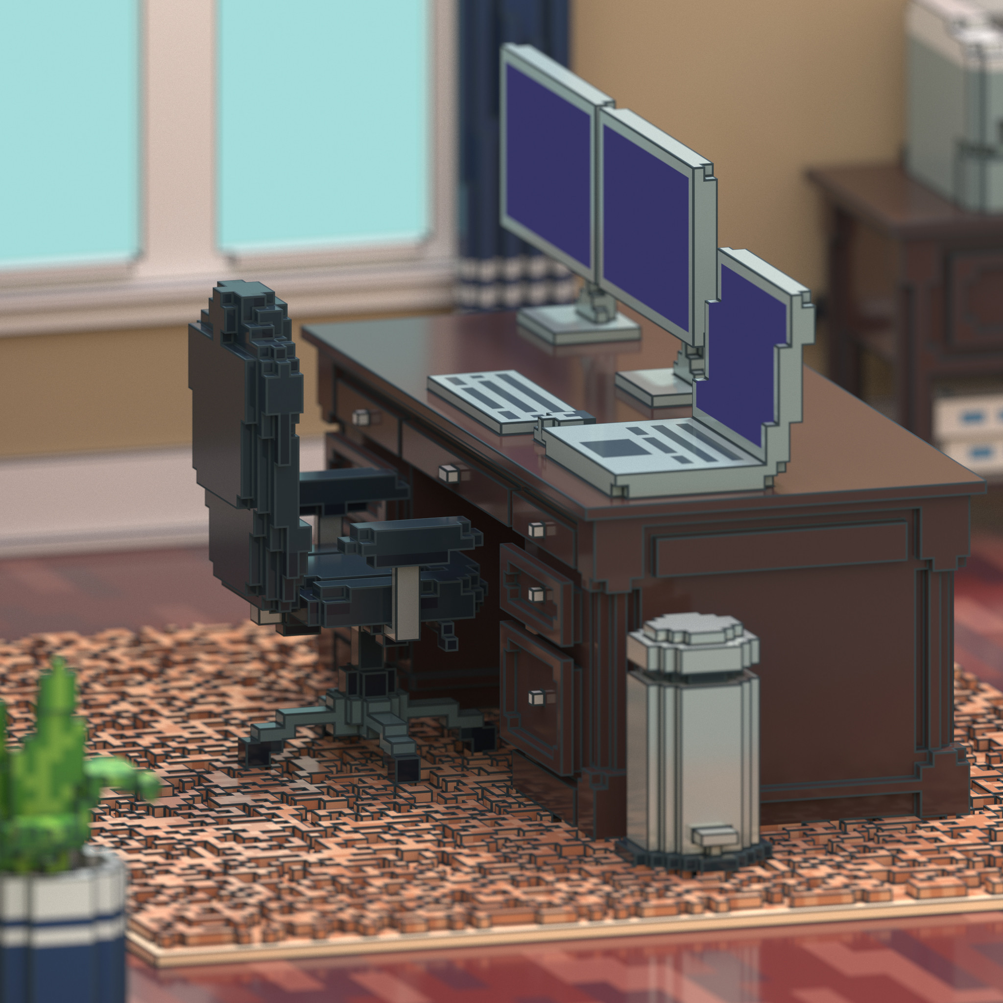 Rendering focusing on the details of the home office executive desk, chair and dual-monitor workstation setup.