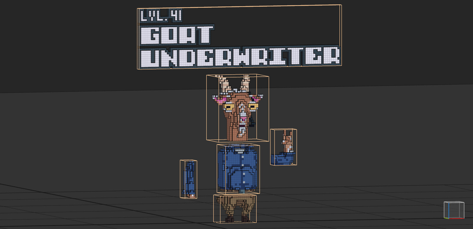 Workspace view of voxel Goat Underwriter character and logo within the Magicavoxel software interface.