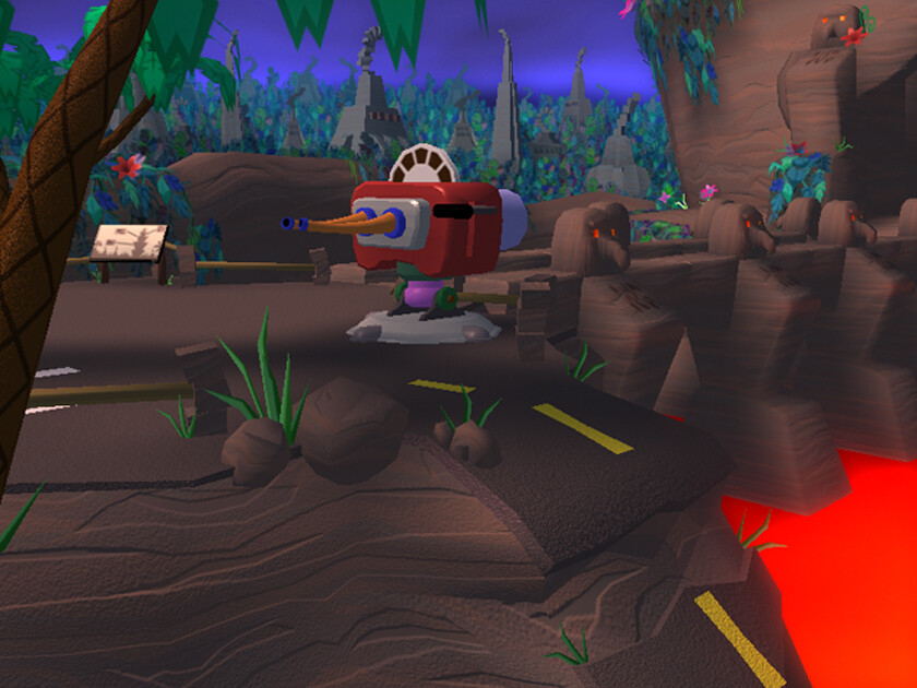 this is a close up shot of the entrance to a tall spire-like "volcano".  to enter a puzzle needs solving using the "camera"