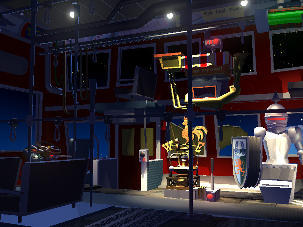 The interior of a "bus" for "engineering". some objects are puzzles.  I built, textured and lite the "bus" and staged the puzzle objects.  