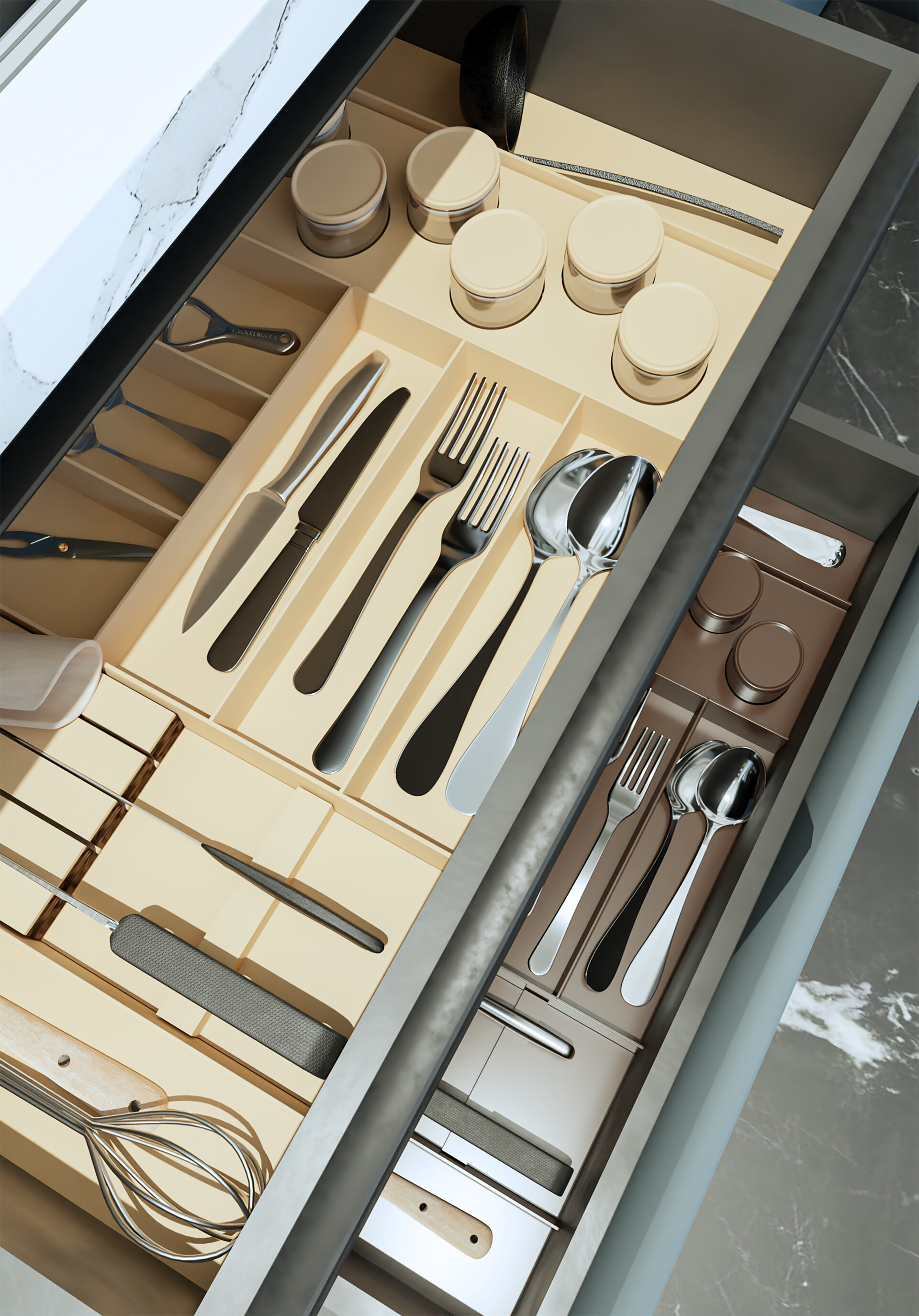 ArtStation Organized Units in Drawer Cutlery, Kitchen interior design with realistic, 3D