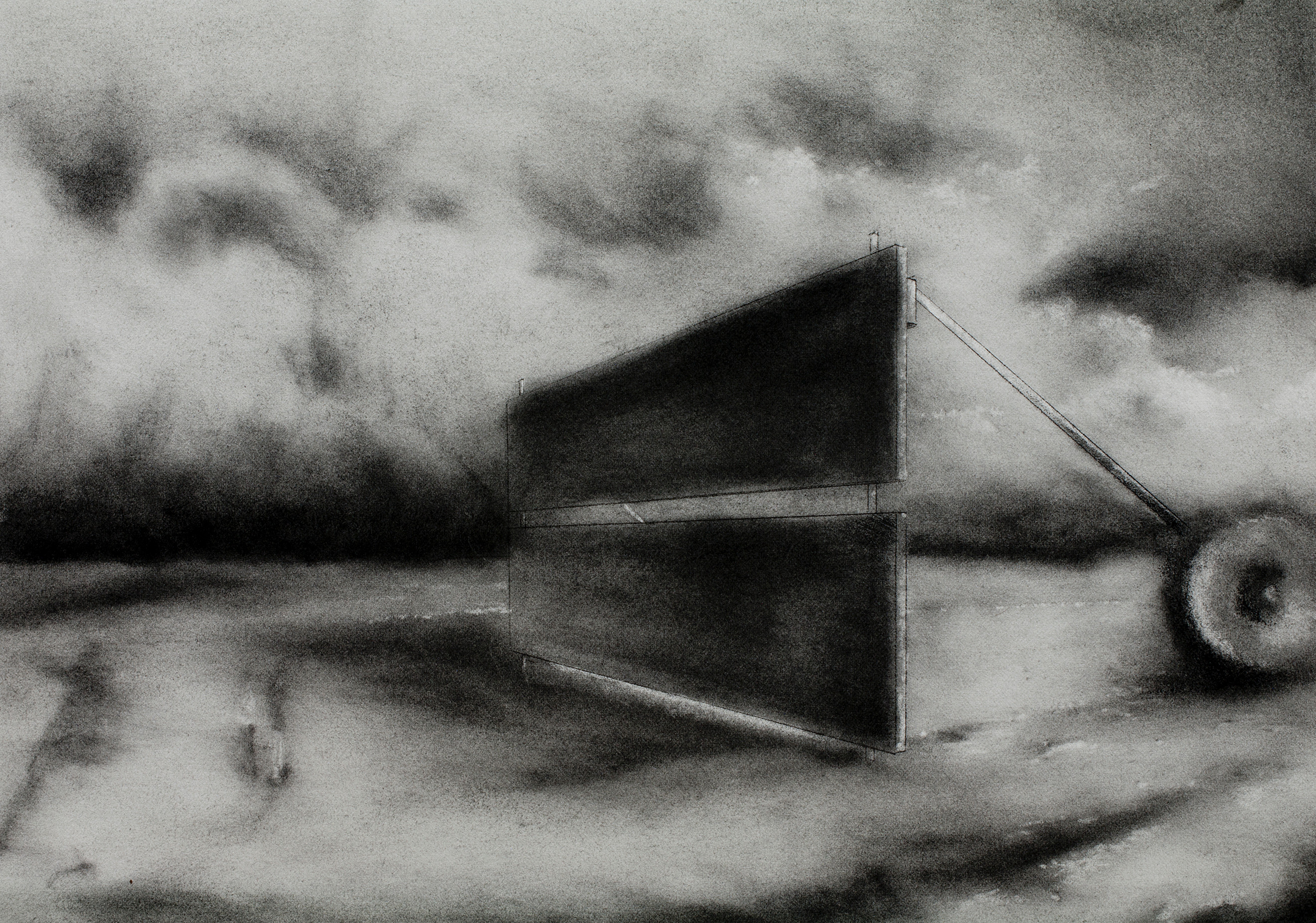 Edmund Mathews, Apparatus for Inhibiting Nostalgia, 14” x 11.5”, Charcoal on paper study, 2014