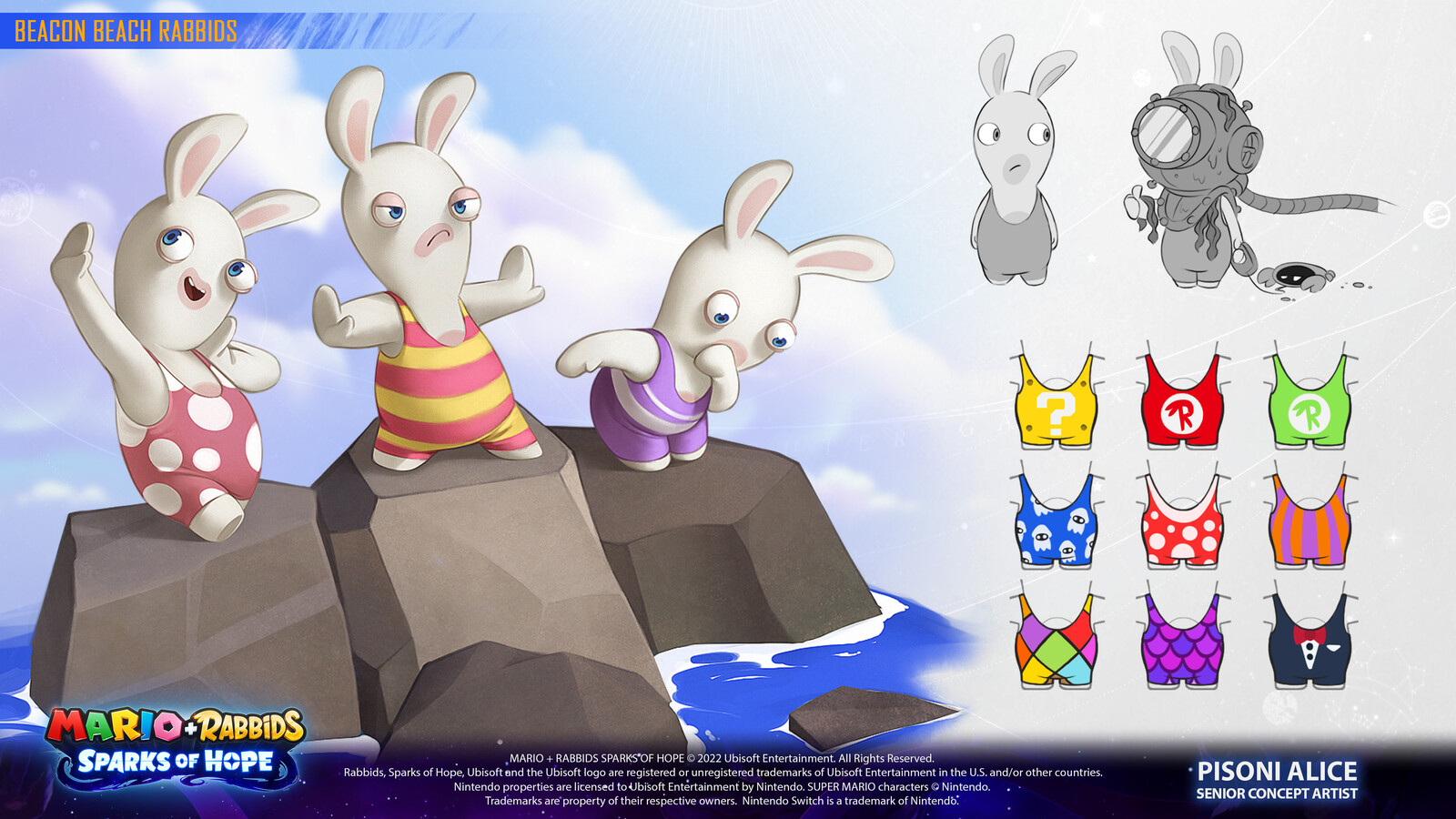 White rabbids roaming on the beach and in the village