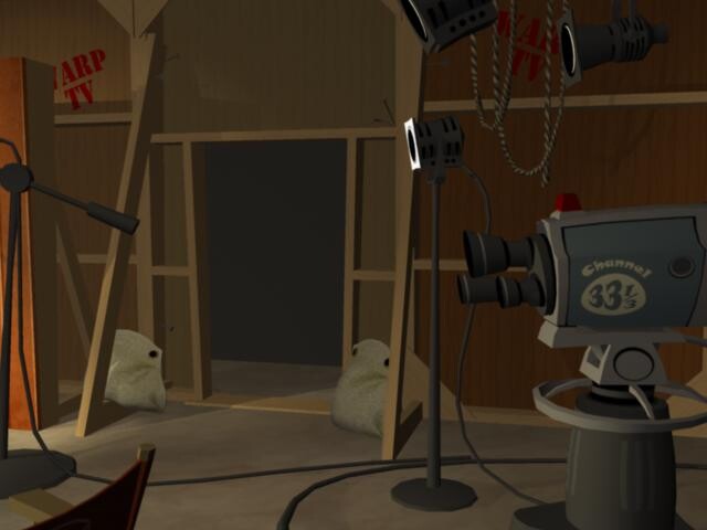 Sam &amp; Max Save the World - "Talk Show" set.  If you turned to your left you'd see the talk show "stage". The objects (camera, lights, cables) are not my work.