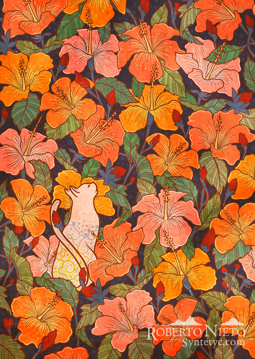 Cat and hibiscus