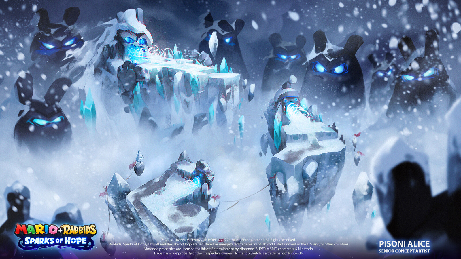 Coldmouth battle moodboard 
Credits:
Surrounding faces mountains design by Art Director Mauro Perini
Coldmouth mountain design by Senior Concept Artist Claudia Tuci
Small blowing statues design by Concept Artist Federico Cugliari 