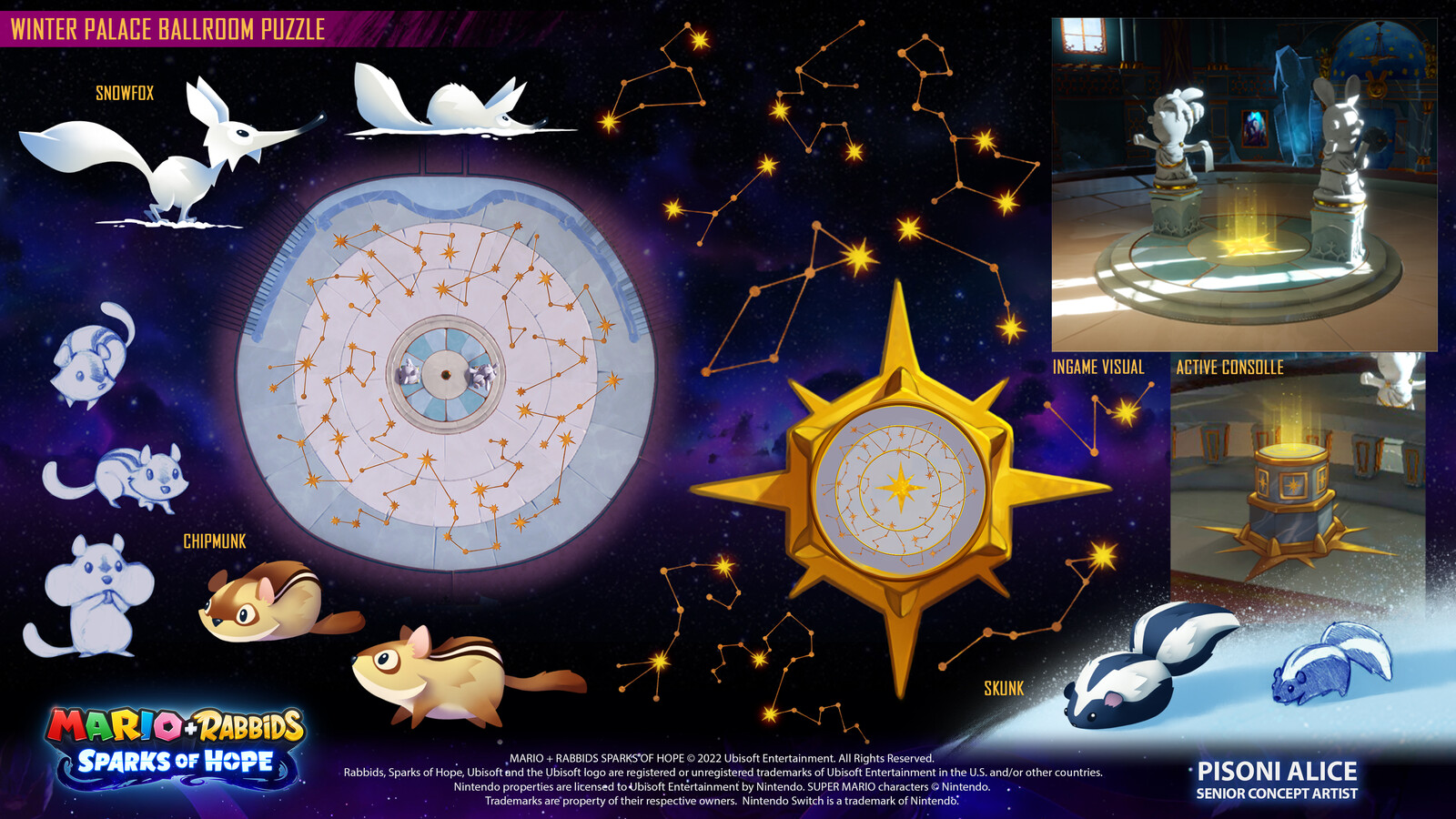 Ballroom puzzle constellations elements + wildlife
Credits:
White Fox sketches by Art Director Mauro Perini (color by me) 