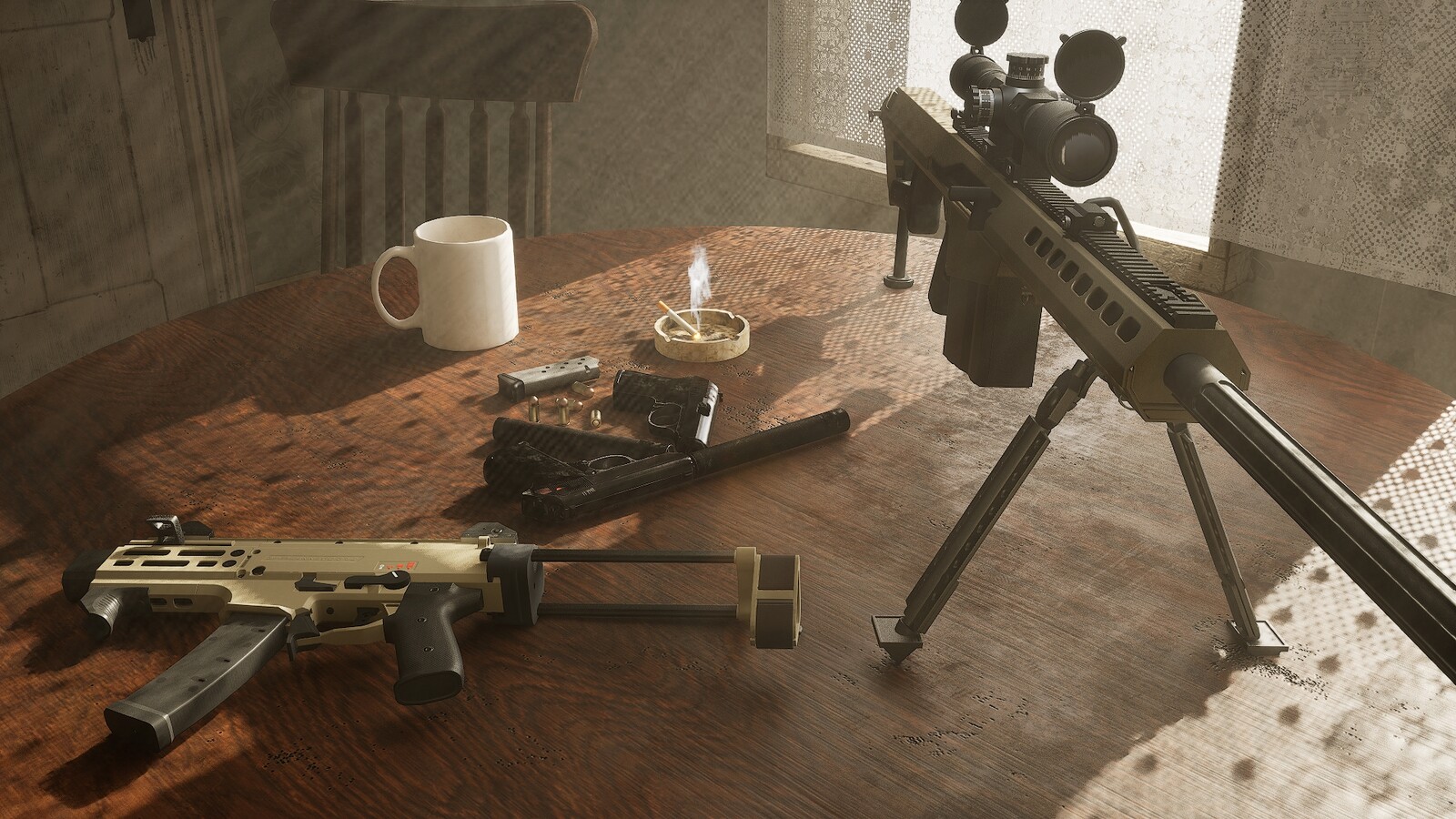 Render of my SMG with other weapons made by the team.