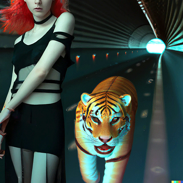 GIF animation of most of the many failed attempts to give Farrah a pet tiger on a leash.