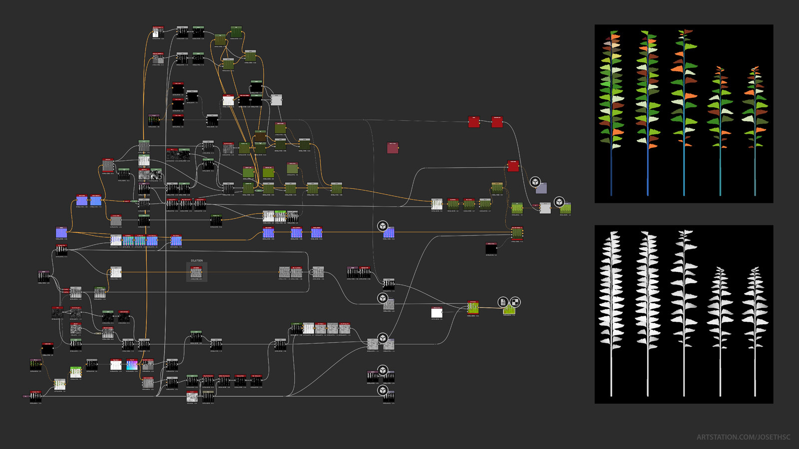 I did some tweaks to the Zbrush heigh map to give a more organic look and use an ID map to add variation