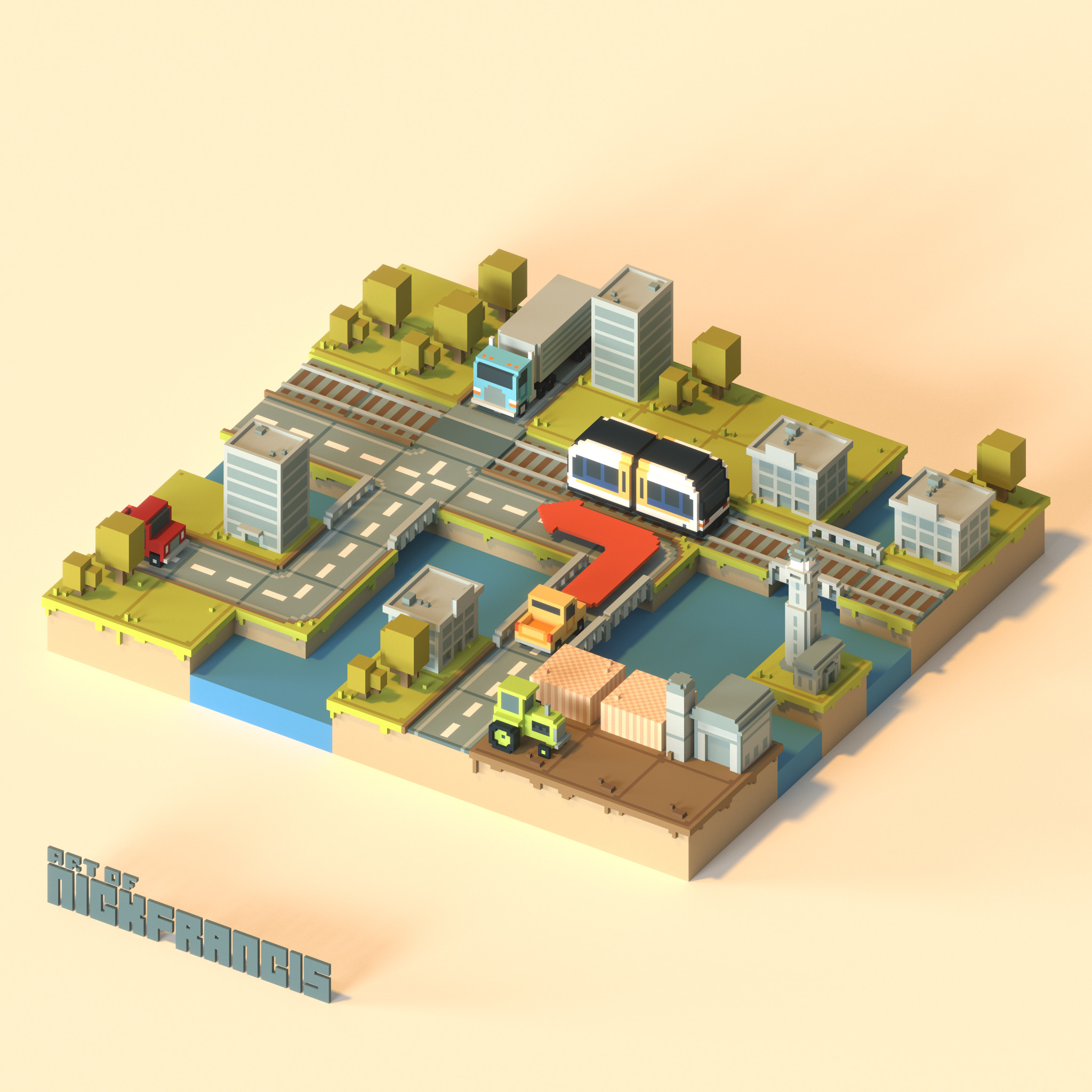 Isometric rendering of the voxel square grid town created using Magicavoxel software.