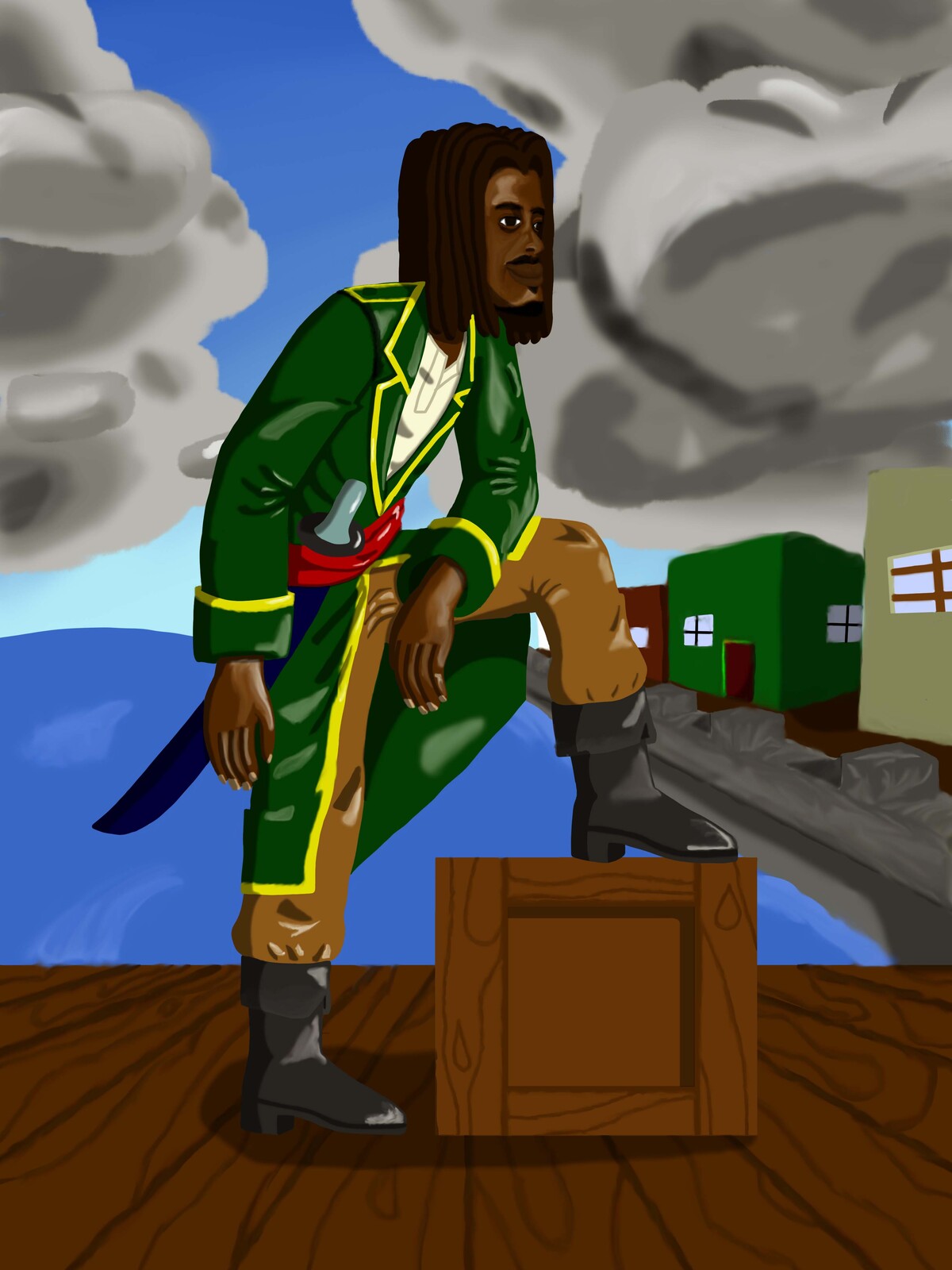 A pirate in a green coat, standing on a board walk