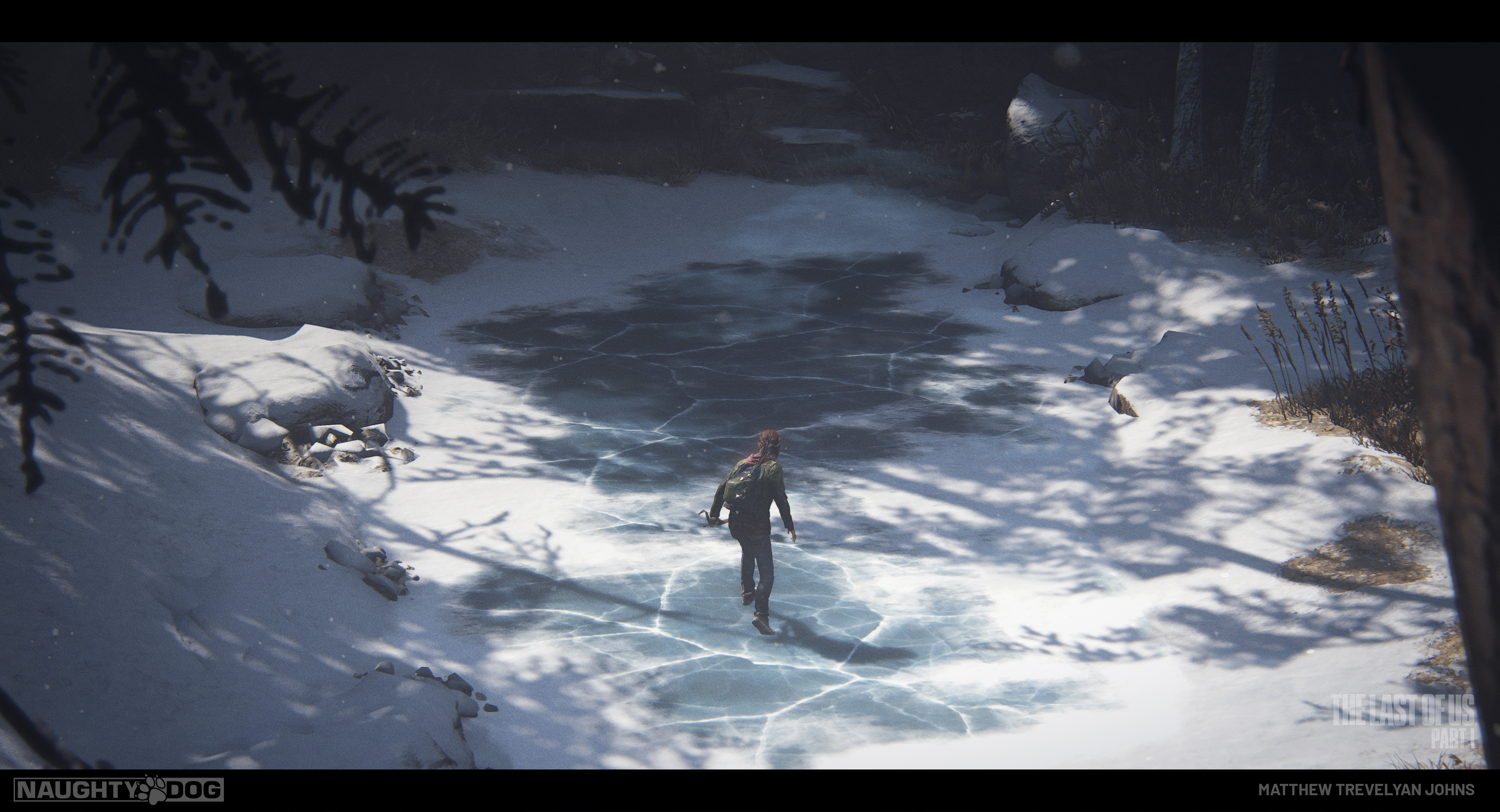 During development, I often jumped in to help out on more complex looks, areas or shader effects. In the 'deer hunt' section, I took on this large area of ice, as it presented a great opportunity for some special shader effects to really push the PS5