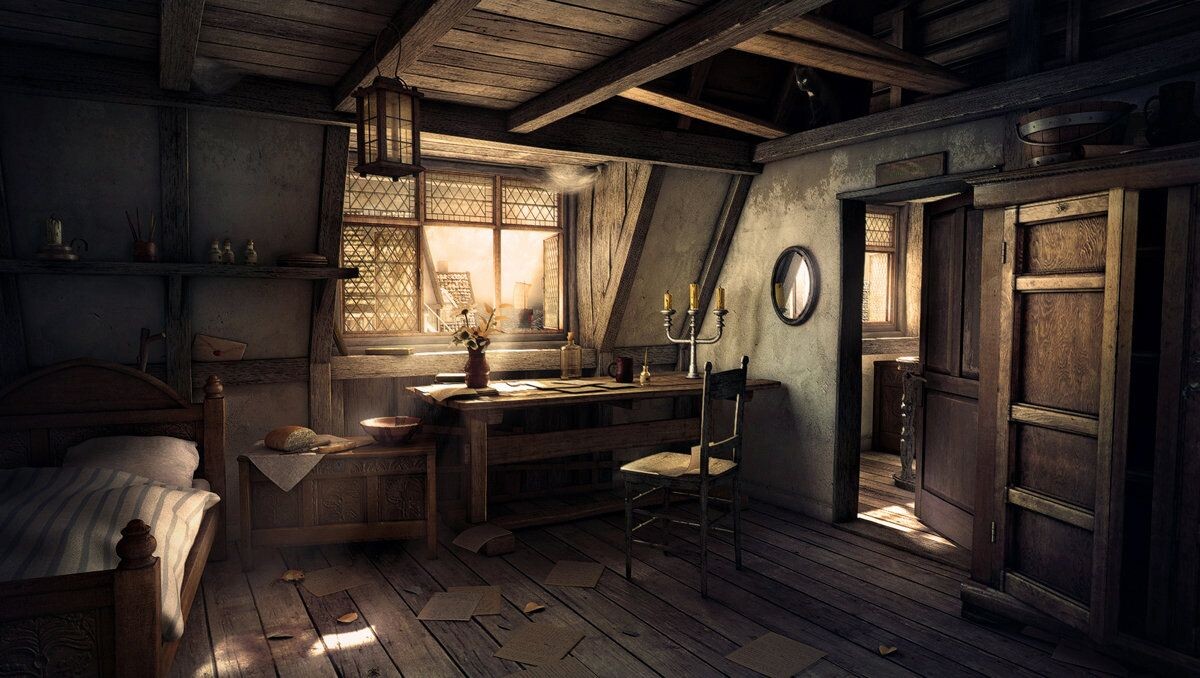 Темная коморка. Комната в таверне. Старая комната. Старинная комната. Комната в средневековой таверне.