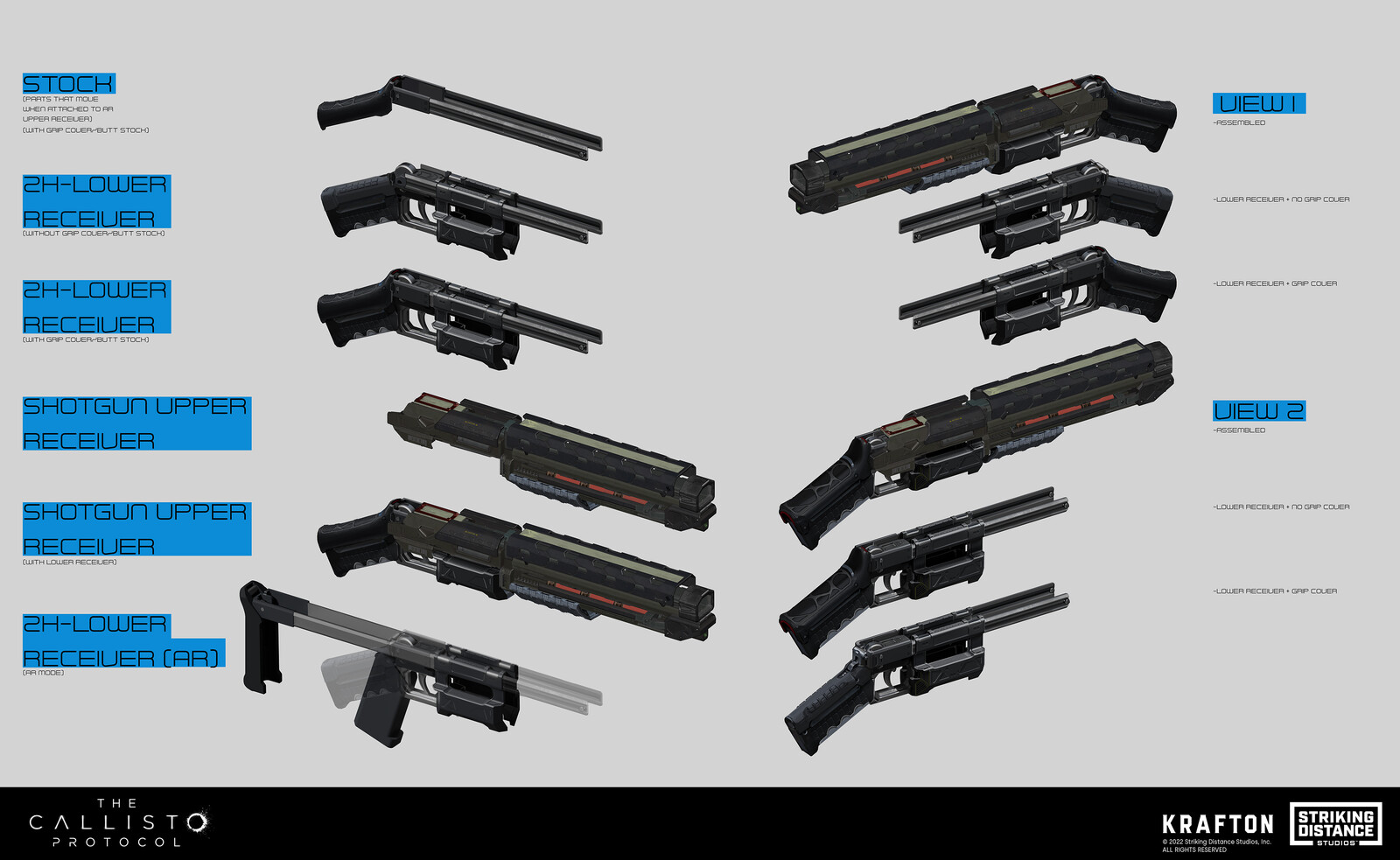 Designs for the Riot Gun (here the model of the weapon is provided by the hard surface team based on my approved design and concept models) and how the modular platform might interact and function