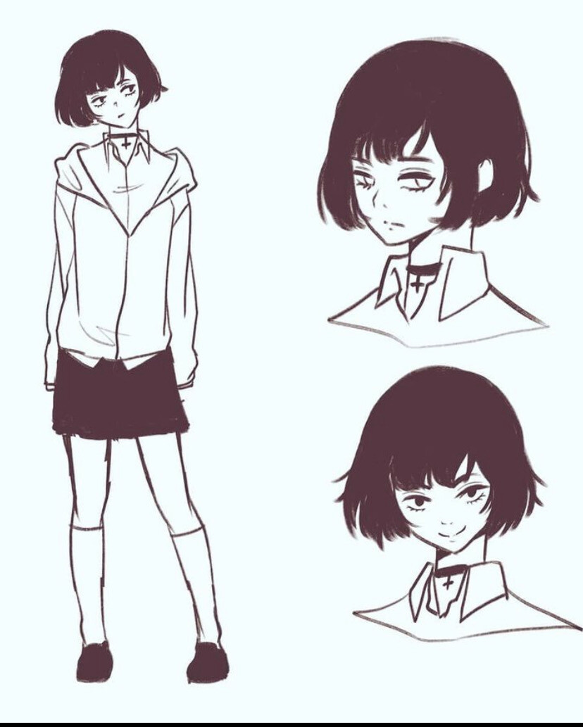 Monochrome character reference sheet of an anime girl with short messy hair