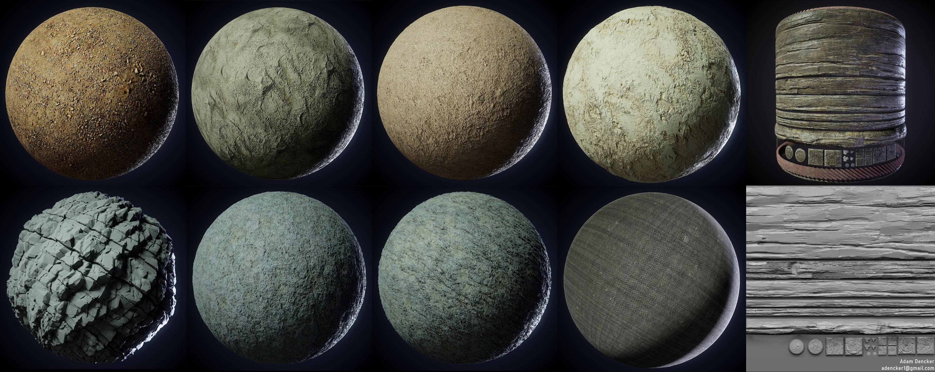 Materials and heightmaps created for the project. The three ground materials are from from personal scans, the rest in Substance Designer from scratch. The trimsheet was made using ZBrush &amp; Substance Painter.