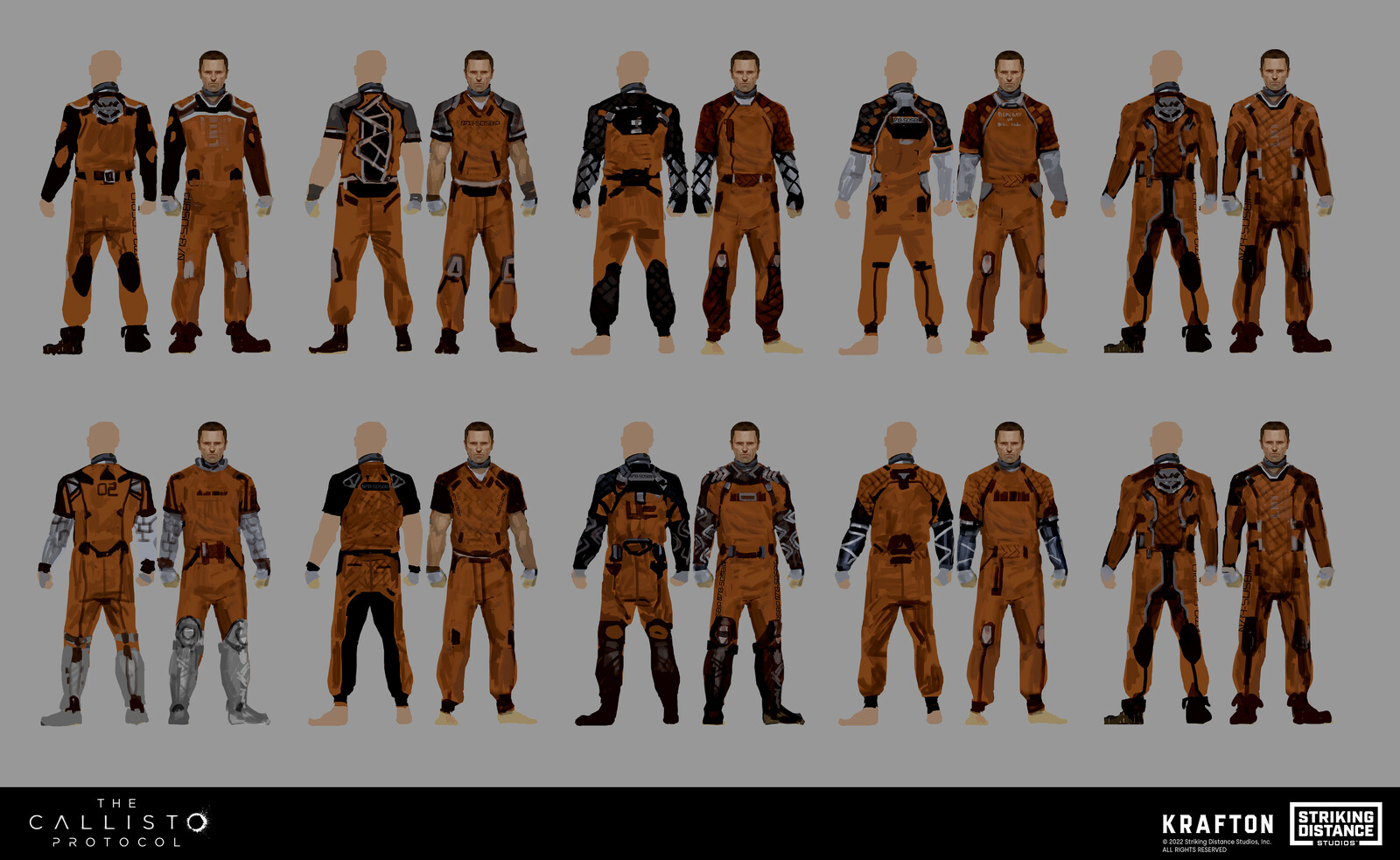 Early bluesky sketches for the prisoner suit. We wanted to get closer to a general orange prisoner suit, but with some sci-fi-inspired elements.