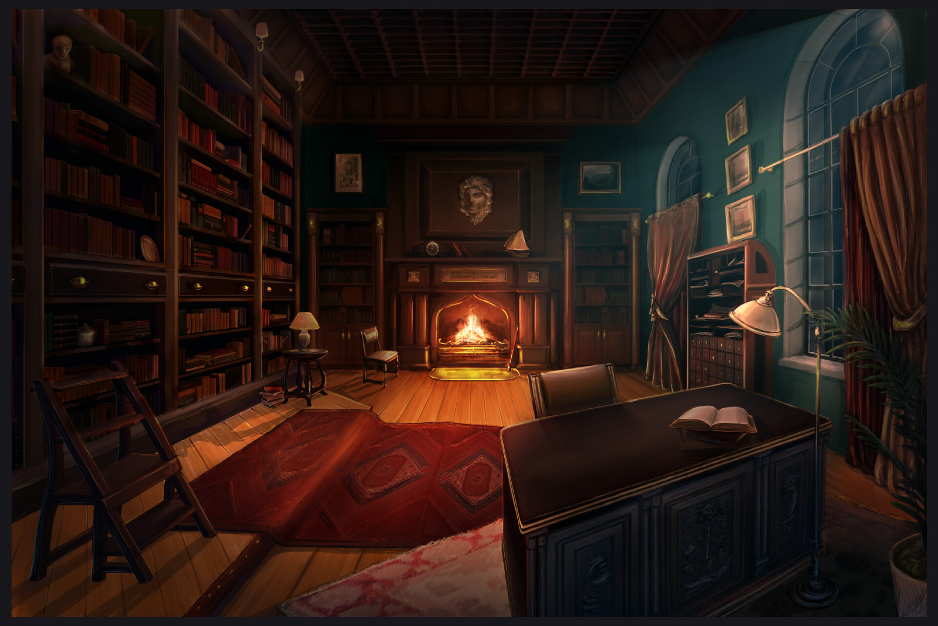 Artstation old library with a fireplace